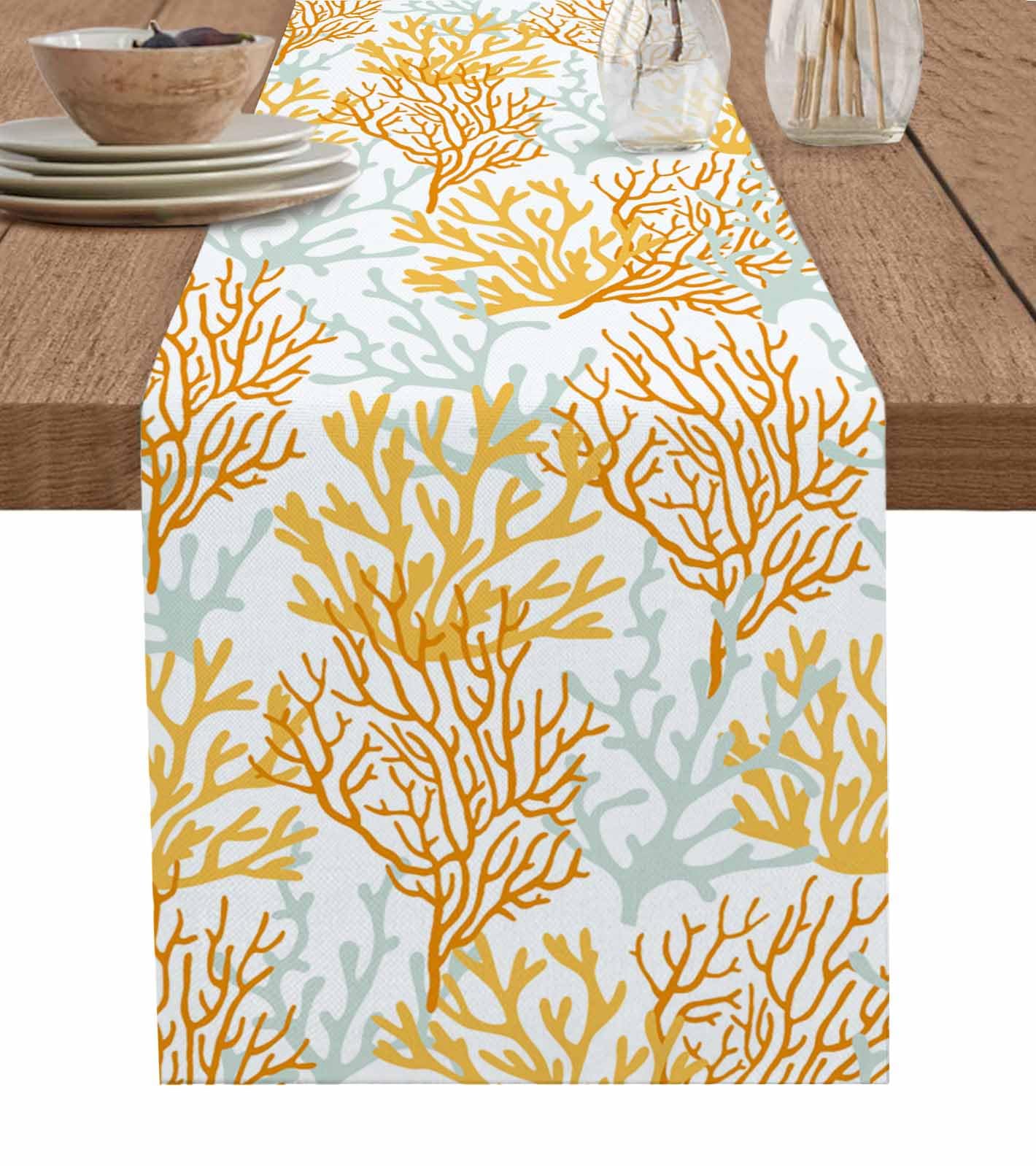 Chemin de table de plage orange corail et gris pour sublimer un diner d'ete
