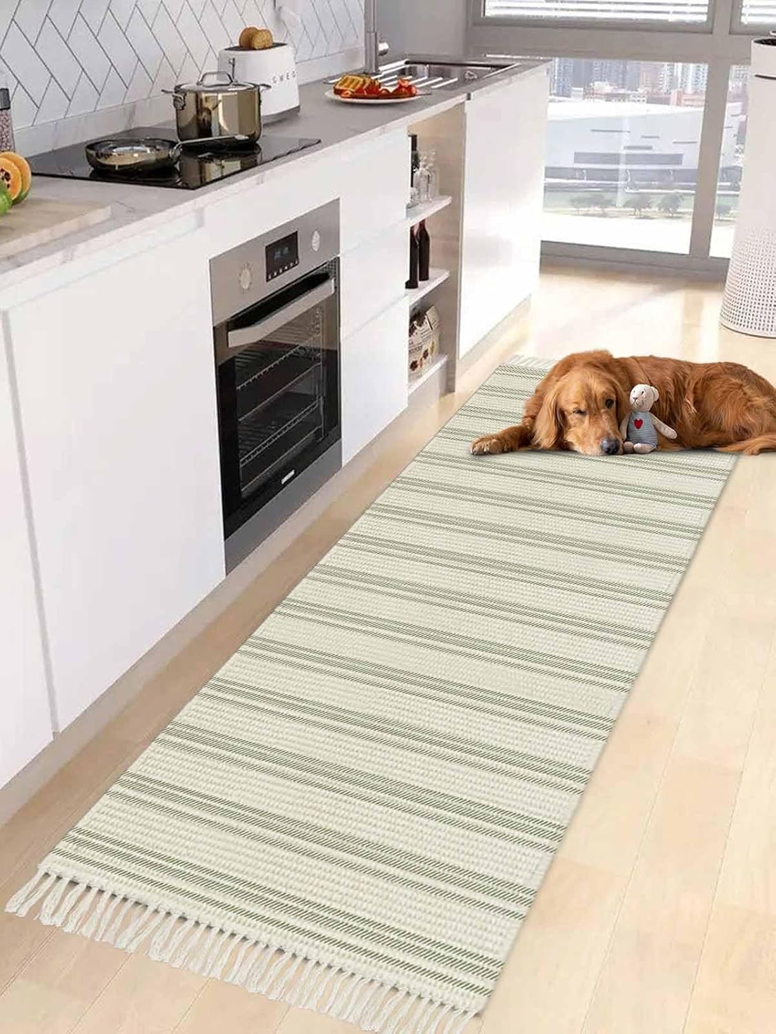 Kitchen Runner Rug 2x5 Feet, Sage Green Striped Area Rug with Tassel, Washable Woven Throw Runner Carpet, Modern Farmhouse Green Stripes Stainproof Carpet Runner for Hallways Corridor