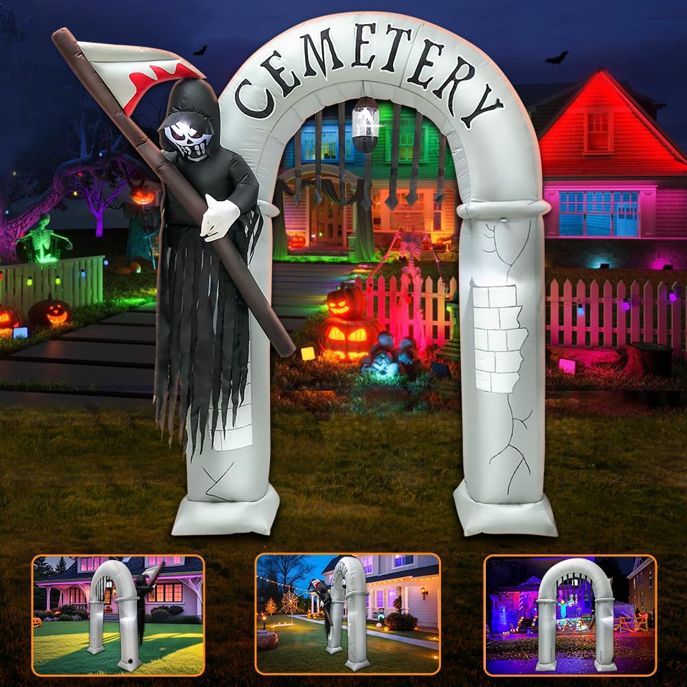 2,4 m Halloween-aufblasbare Torbogen-Dekoration mit LED-Licht, gruselig, gruselig, Halloween-aufblasbar, Sensenmann, Outdoor-Dekorationen, aufblasbares Spielzeug für Halloween, Urlaub, Party, Rasen