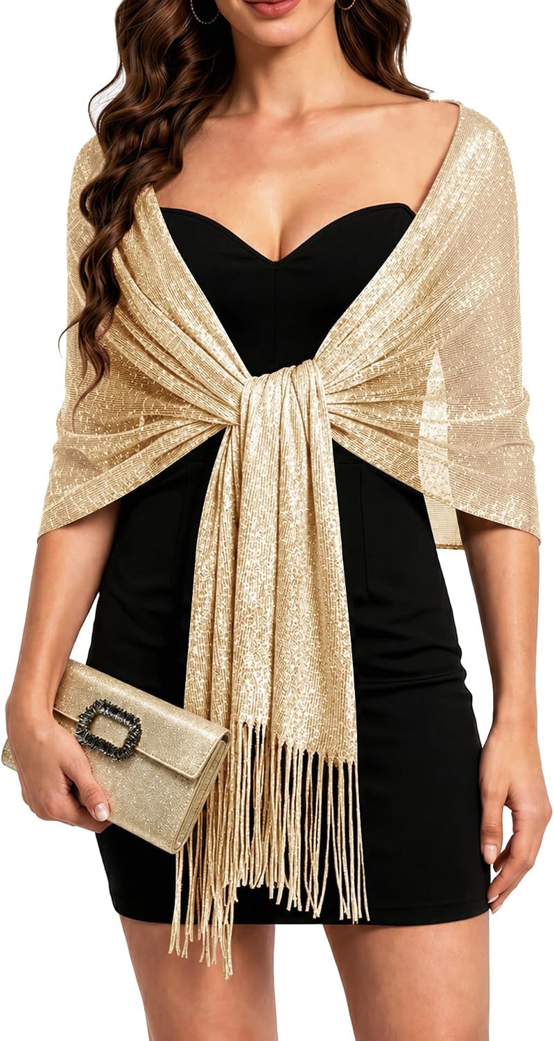 LOMON Womens Shawls and Wraps for Evening Dresses Metallic Glitter Scarf Wedding Party Bridal Cover Up (with Free Buckle)