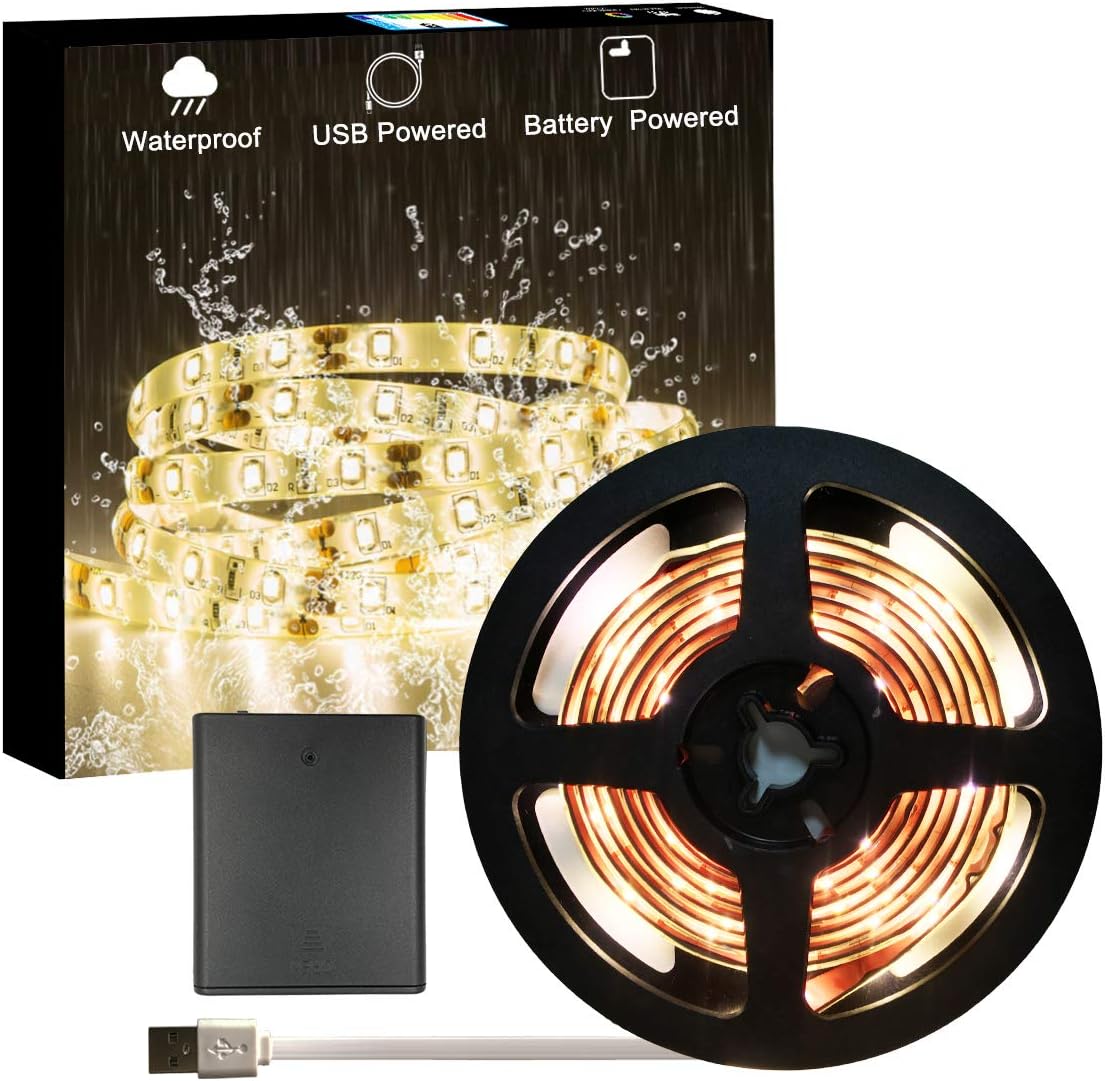 VVFLED Battery Powered LED Strip Lights, Warm White Flexible Waterproof USB LED Light Strips Kit 60 LEDs 6.6ft (2M) LED Tape Light, Mood Light, Decor Light