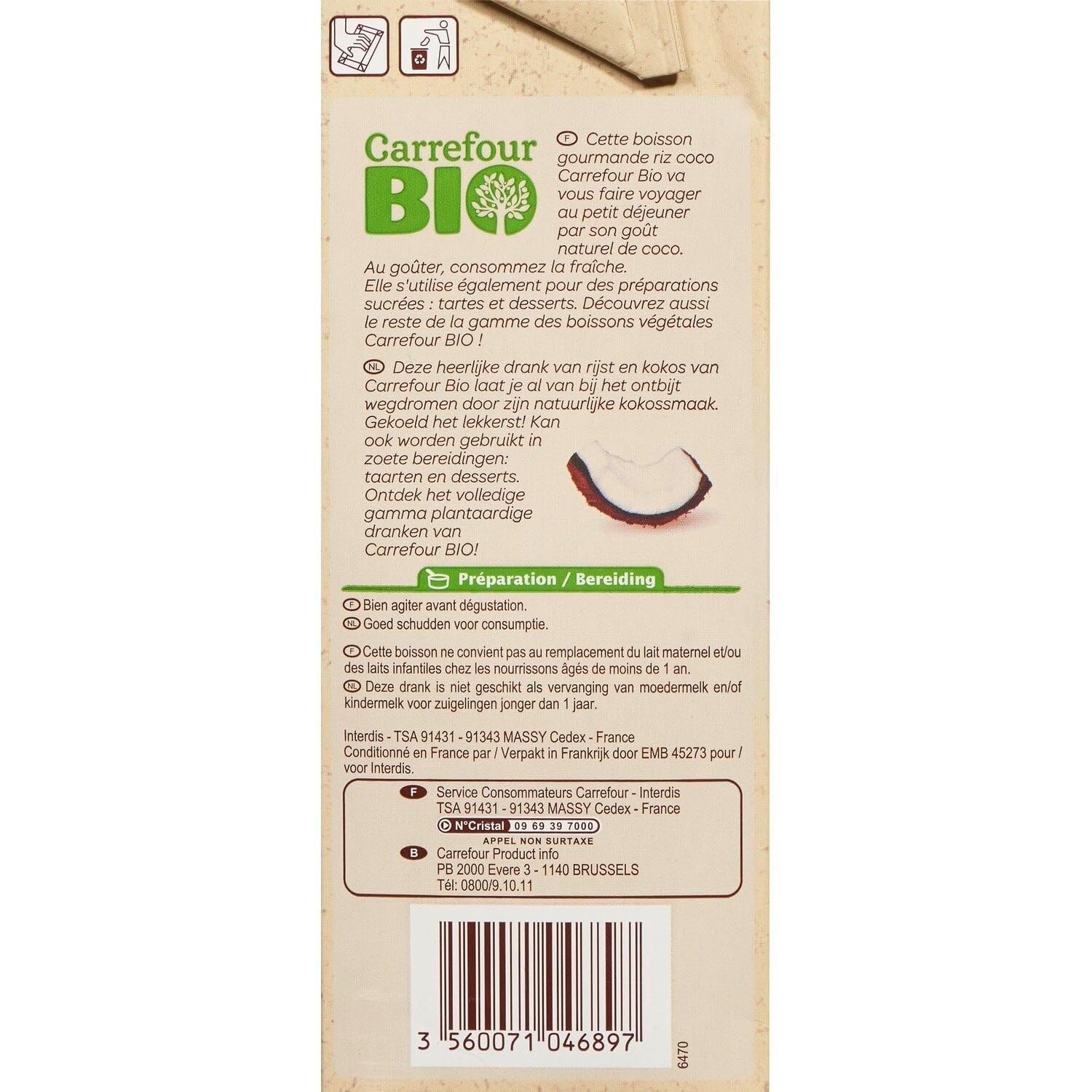 Variez vos plaisirs avec la boisson végétale riz coco CARREFOUR BIO, format 1L pratique au quotidien - Lot de 4