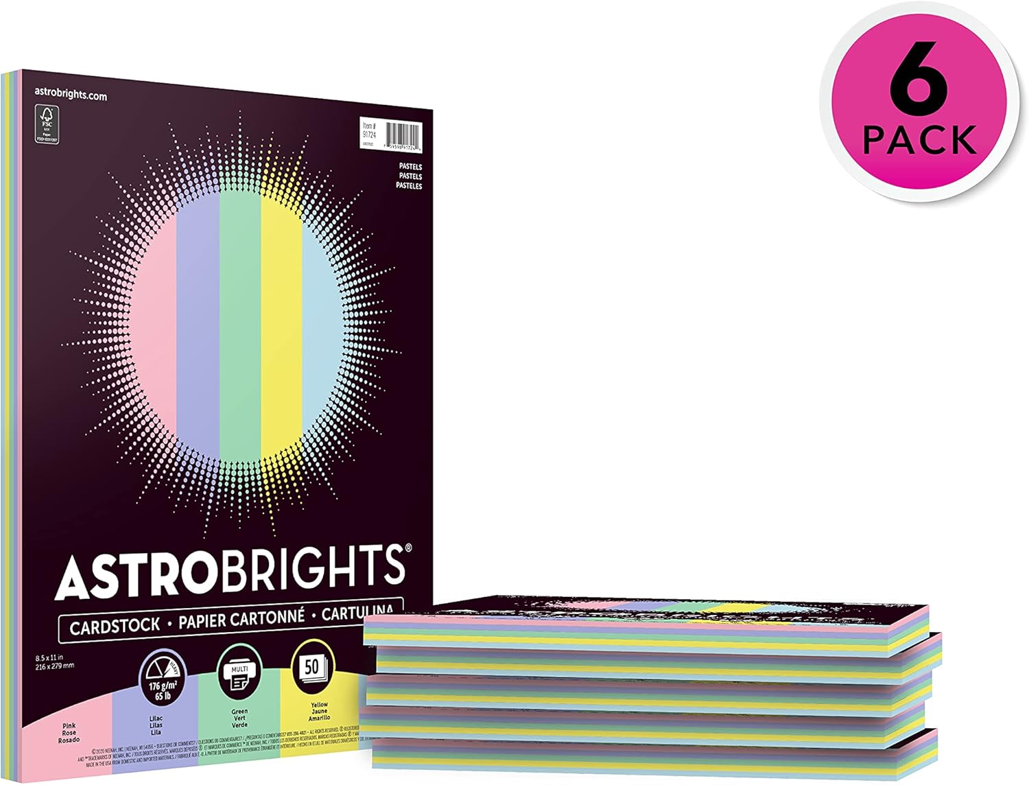 Astrobrights Colored Cardstock, 8.5" x11" 65 lb/176 gsm, "Pastel" 5-Color Assortment, 6 Individual Packs of 50 Pastel Assorted Sheets - 300 Sheets in Total