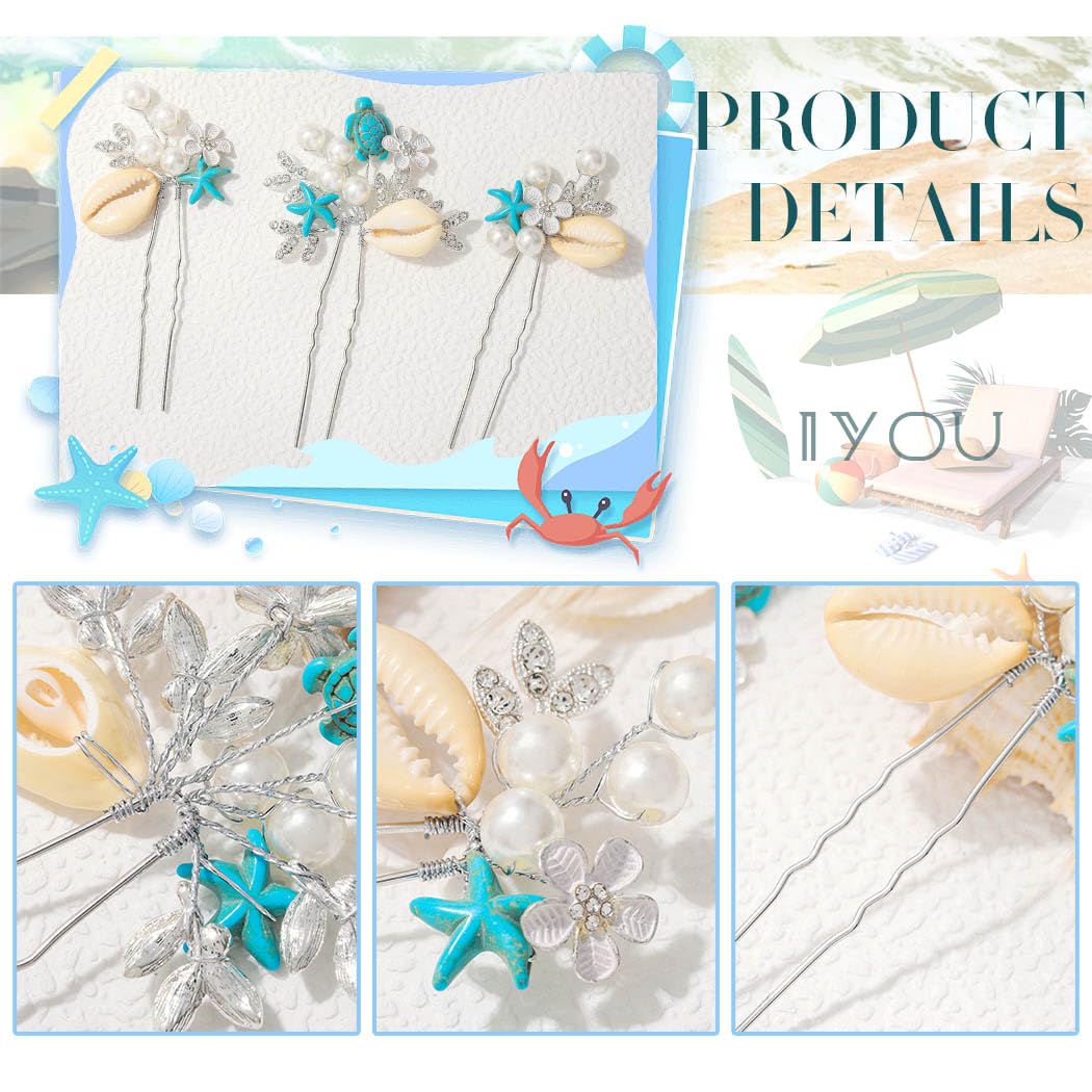 IYOU Starfish Bridal Wedding Hair Pins Seashell Silver Hair Piece Pearl Flower Communion Bridesmaid Hair Accessories for Women(Pack of 3) - Image 4