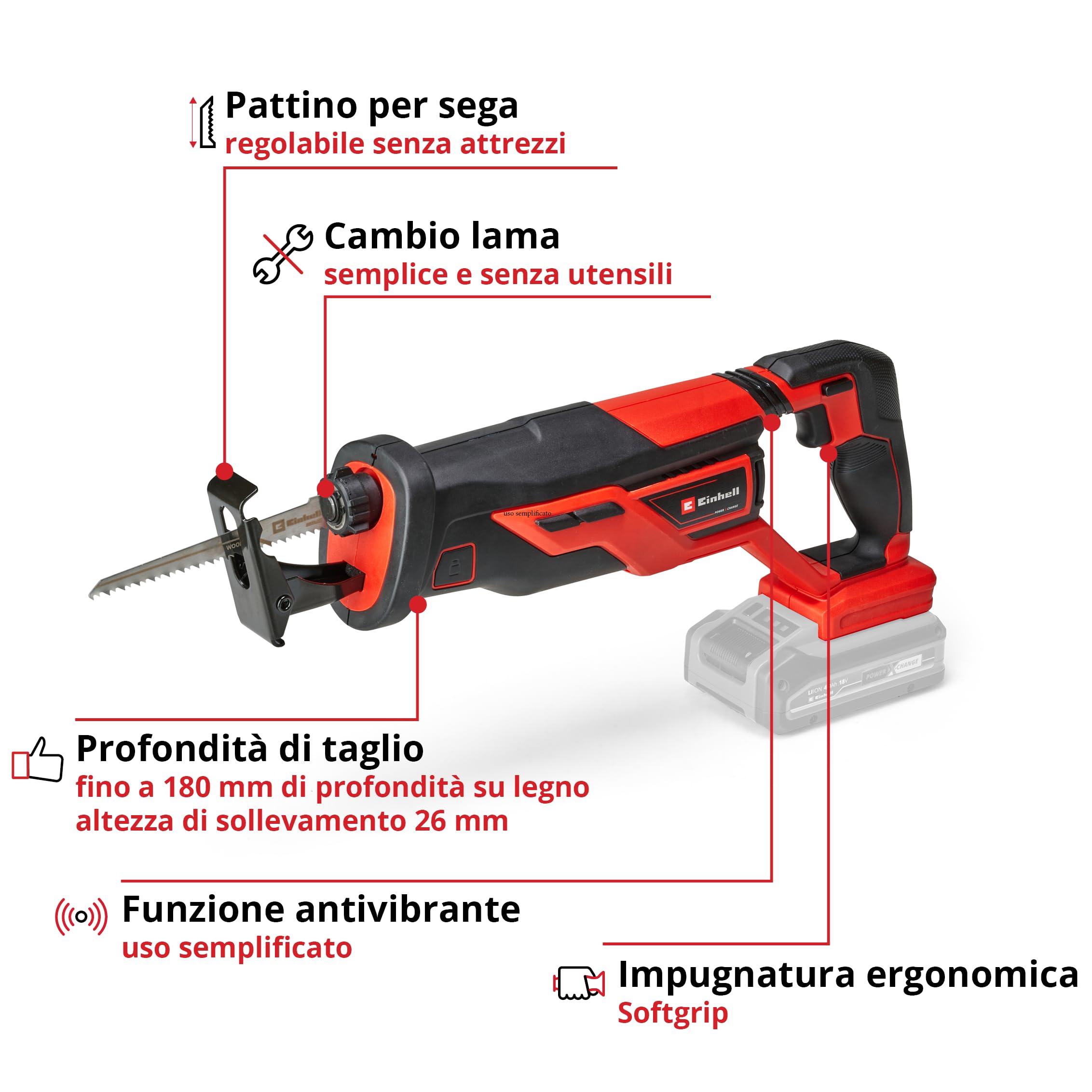 Einhell Sega universale a batteria TE-AP 18/26 Li-Solo Power X-Change (Li-Ion, 18 V, 26 mm, profondità di taglio 18 cm in legno, con lama per sega, consegna senza batteria e caricatore)