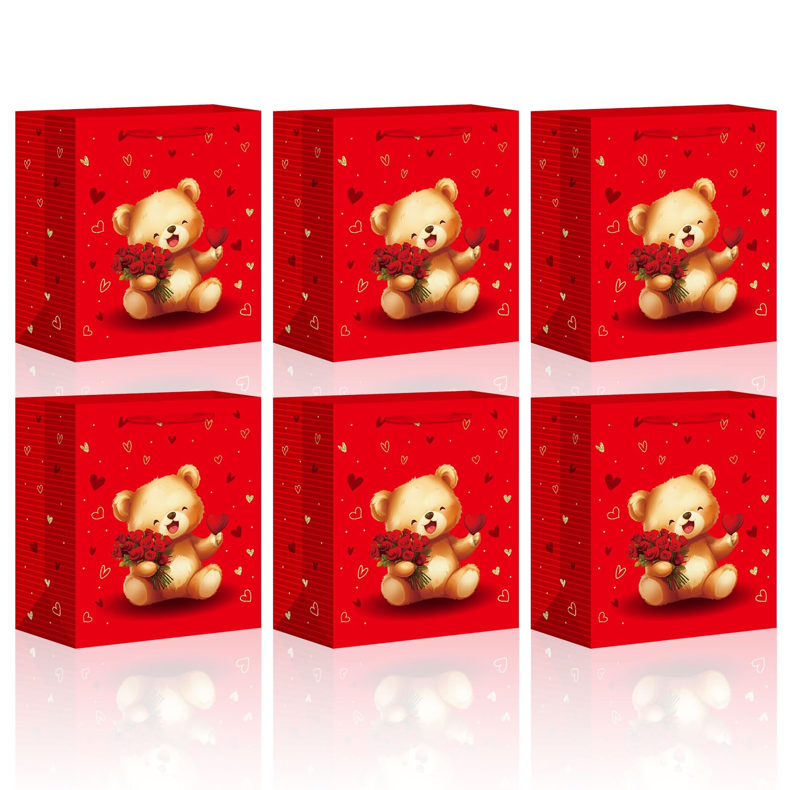 6 Pcs Valentines Gift Bags with Adorable Teddy Bear And Heart Gift Tag,Cute Teddy Bag with Handles - Special Love Gift Bag for Loved Ones,Valentine Day Oranment Medium Size for Wedding Party