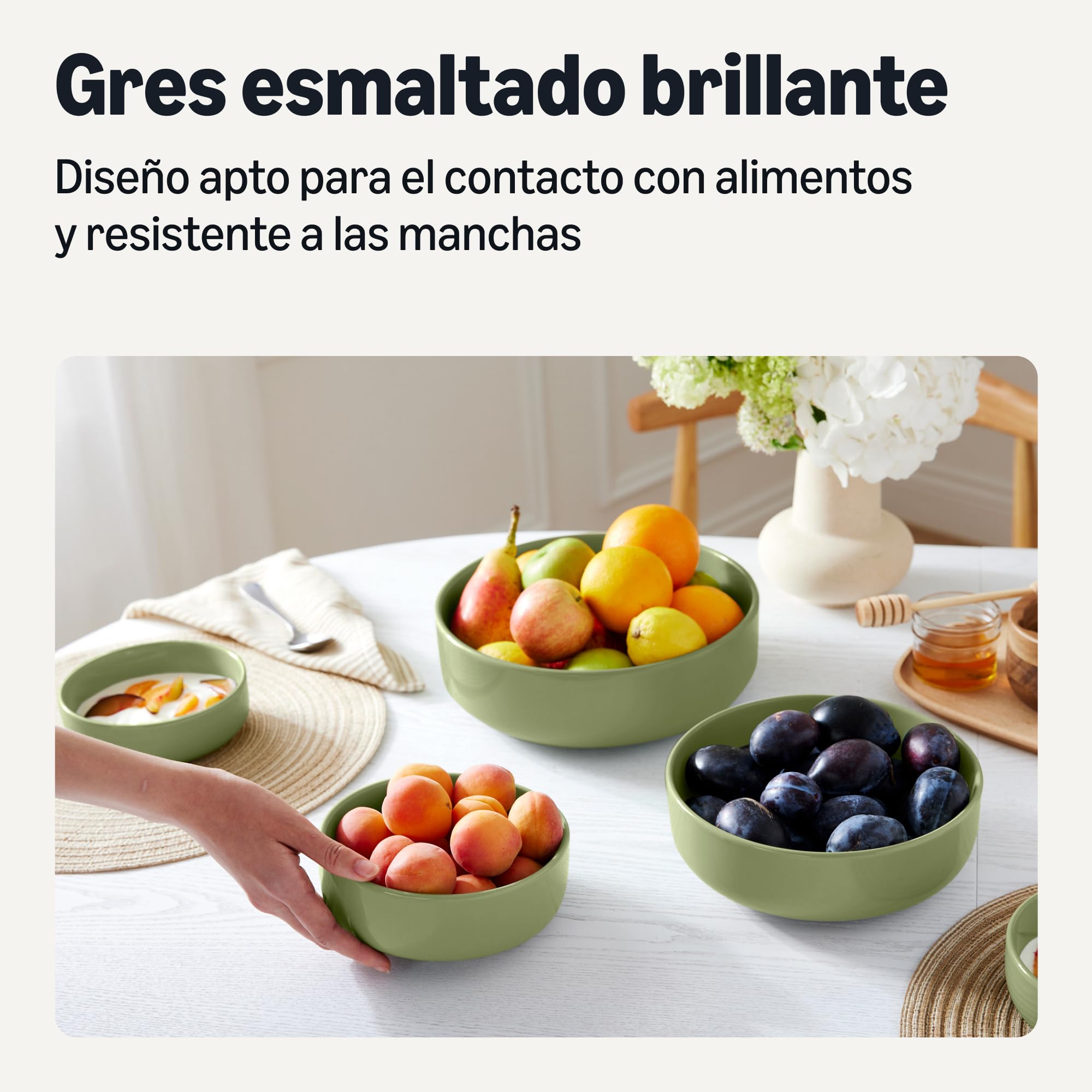 Amazon Basics Cuencos para Servir de Gres Esmaltado, Juego de 3 Piezas, Aptos para Lavavajillas, Oliva