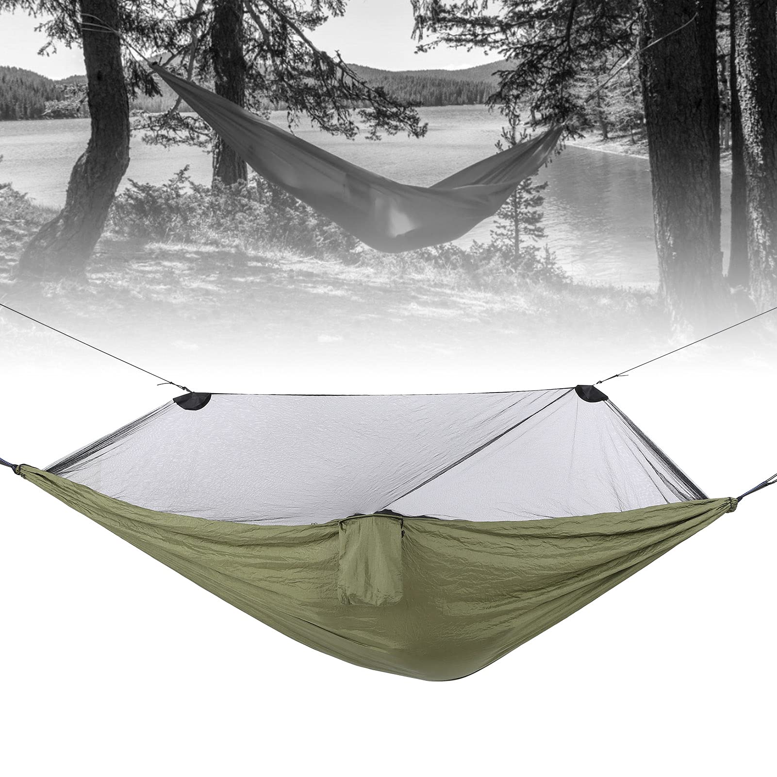Hamaca mosquitera, cama individual de nailon de paracaídas, hamaca portátil para exteriores de 110 x 55 pulgadas con protección contra insectos, ligera y plegable