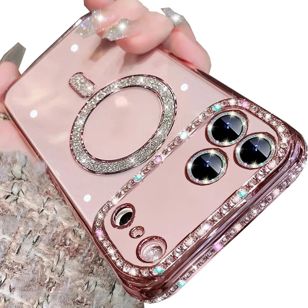 Magnetic Clear Glitter Case for iPhone 17 Pro Max,[Compatible with MagSafe] Cute Bling Sparkly Diamond Rhinestones with Camera Protector TPU Bumper Women Girls Case for iPhone 17 Pro Max,Pink - Image 9