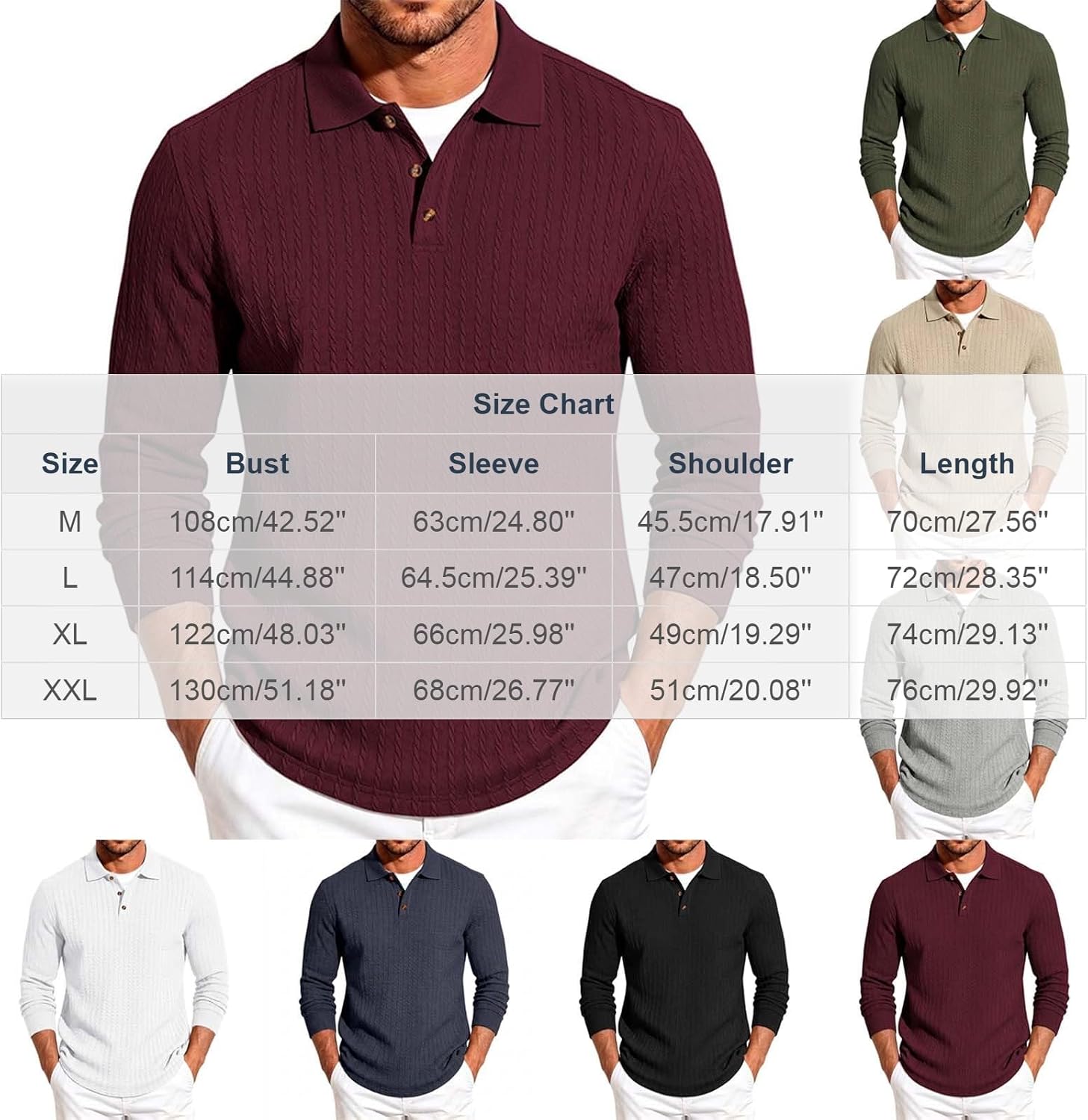 Men Cable Knit Long Sleeve Polo Shirt Lapel Collar Business Blouses