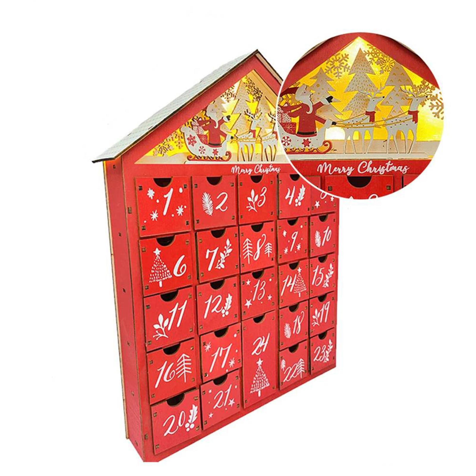 Calendario dell'Avvento natalizio in legno, conto alla rovescia con 24 cassetti, calendario dell'Avvento ricaricabile, in legno, per bambini, decorazione per la casa