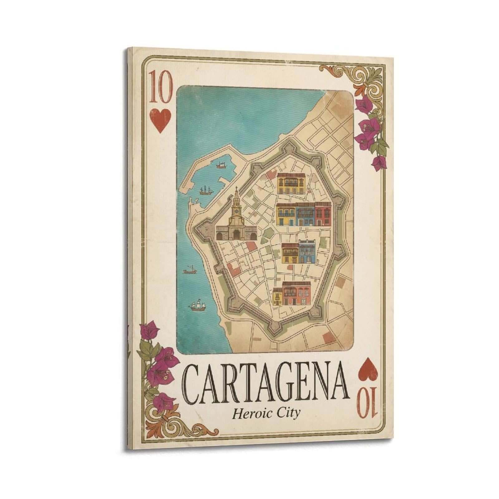 OKNGB Vintage City Map Poster Cartagena Colombia Walled City Playing Card Style Decorative Painting Canvas Art Picture 20x30inch(50x75cm)