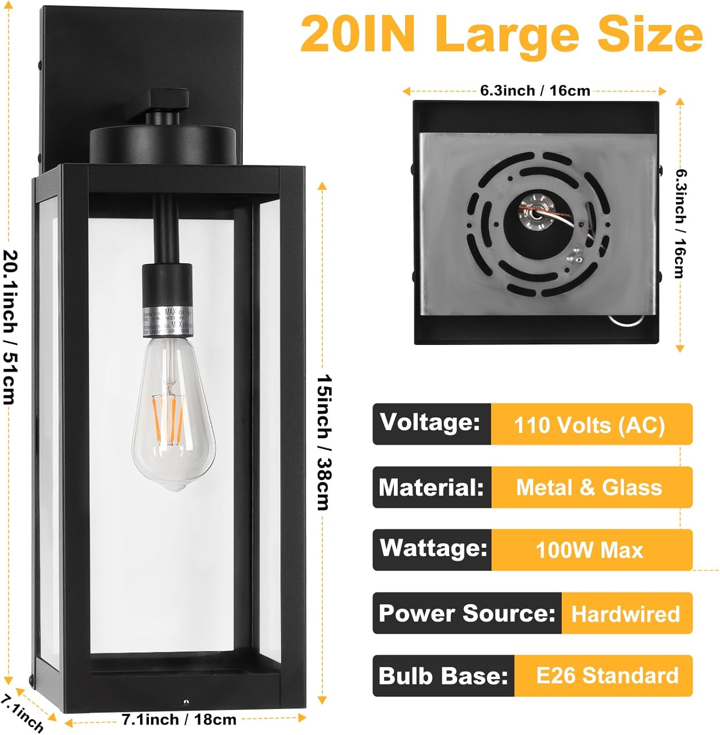 20" Large Outdoor Wall Lights with Closed Bottom - Black Outdoor Light Fixture Porch Lantern Wall Mounted, Waterproof Modern Exterior Wall Sconce Coach Lamp with Tempered Glass for House, E26, 2 Packs
