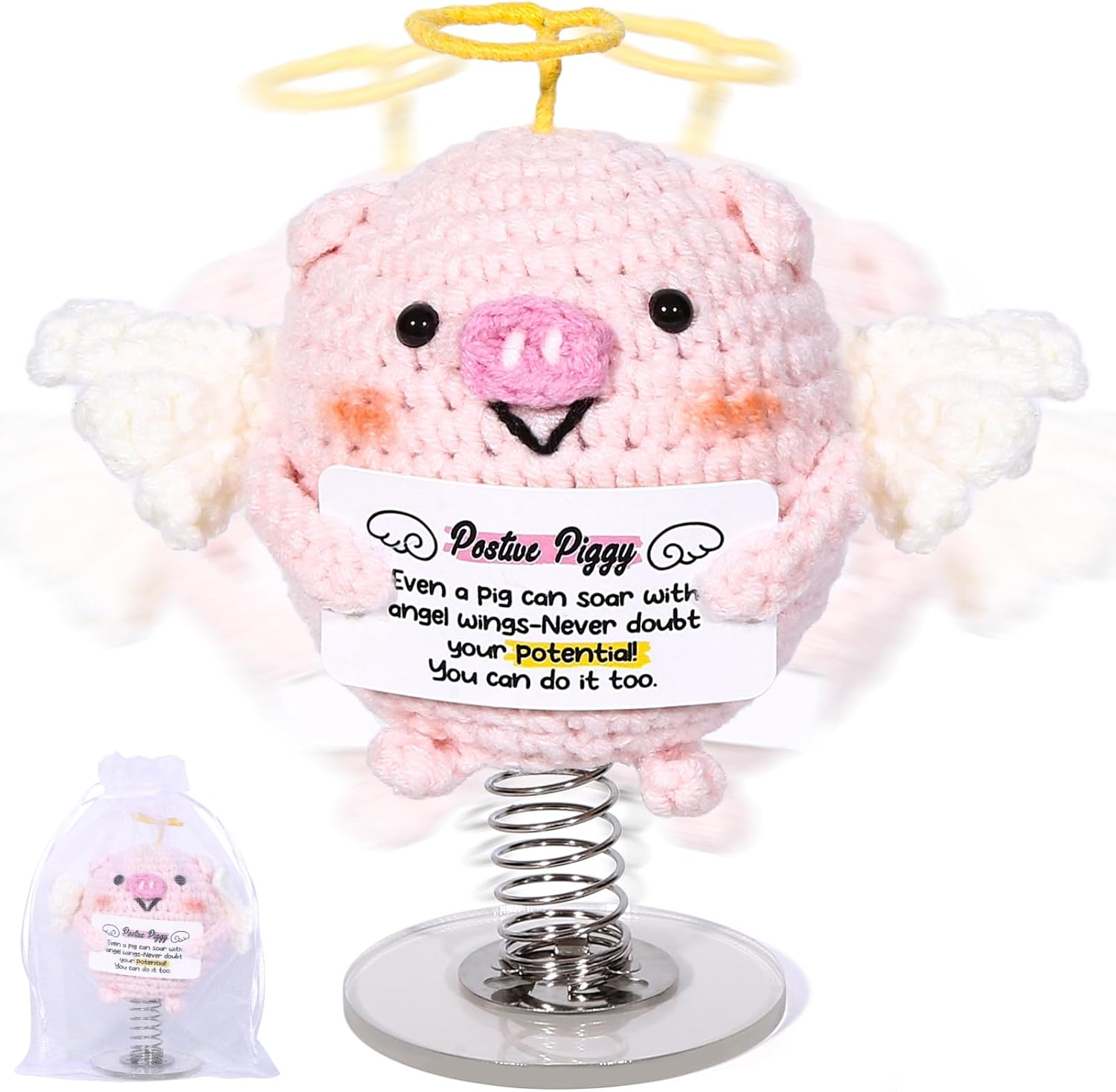 Desk Ornament Positive Crochet Animals Pig,Emotional Support Pig,Inspirational Pig,Positive Birthday Gifts for Women Men Friends Family Yourself Living Room Ornament