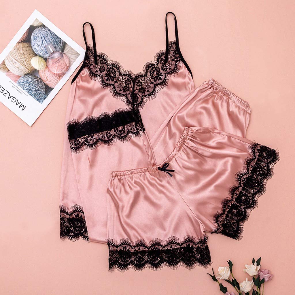 Fiocco Indumenti da Notte Canotta Pizzo Donna Lingerie Pigiama Pantaloni 3 Pezzi Raso Abbigliamento Casual per Donna Lingerie Sexy (Rosa S)