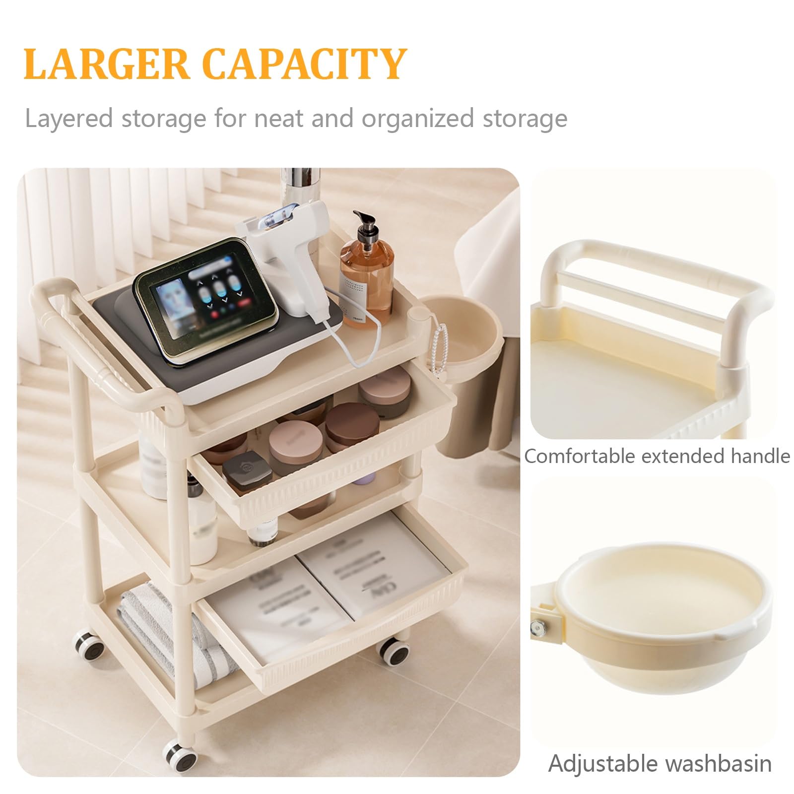 Carrello Estetista Professionale Con Ruote, 3 Ripiani Carrello Portaoggetti Mobile Beauty Salon Trolley, Carrello Parrucchiere Per Ospedale Casa