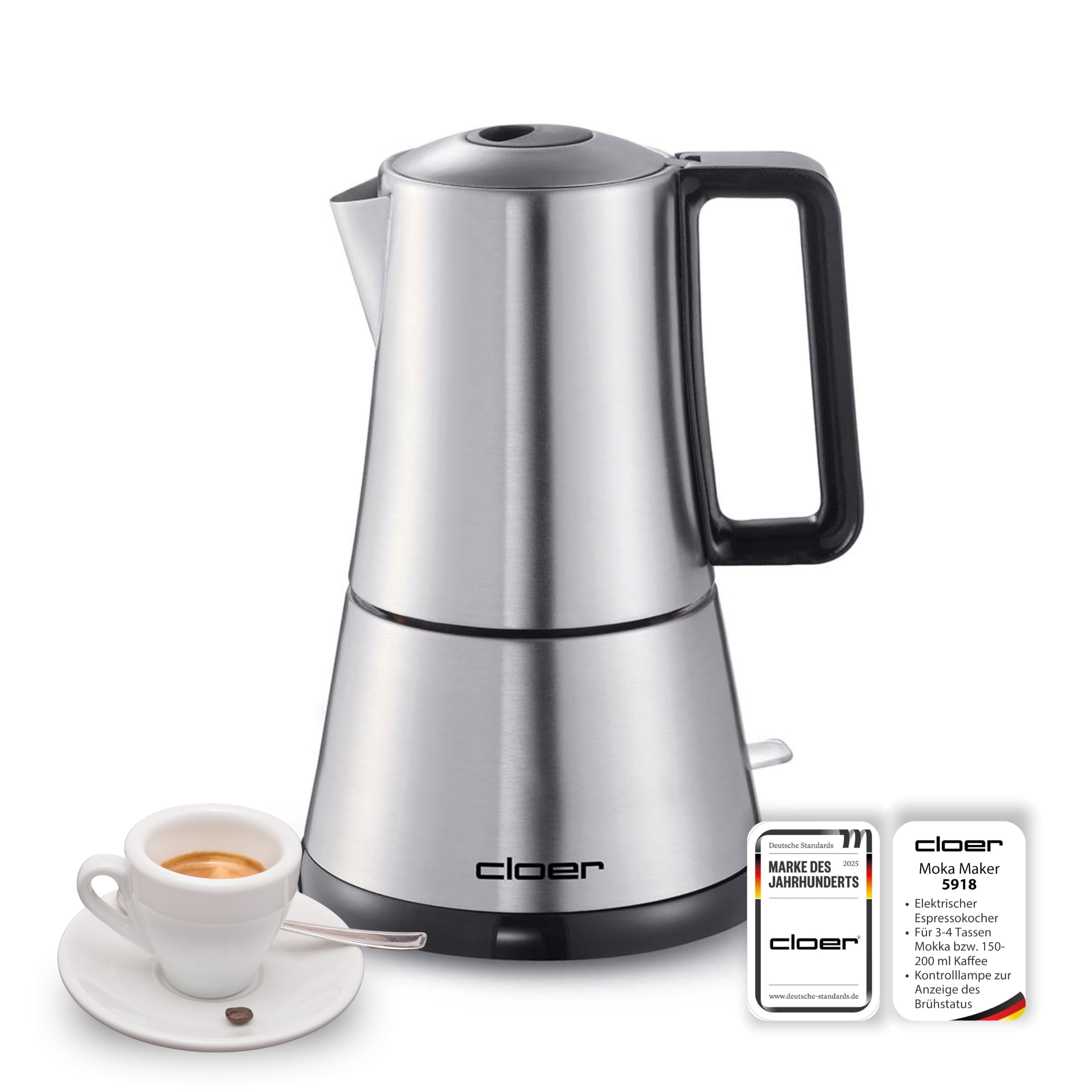 Cloer 5918 Moka Maker, elektrischer Espressokocher für 3-4 Tassen, Edelstahleinsatz, Sicherheitsabschaltung, Sicherheitsventil, An-/Ausschalter, Edelstahl, 365 W