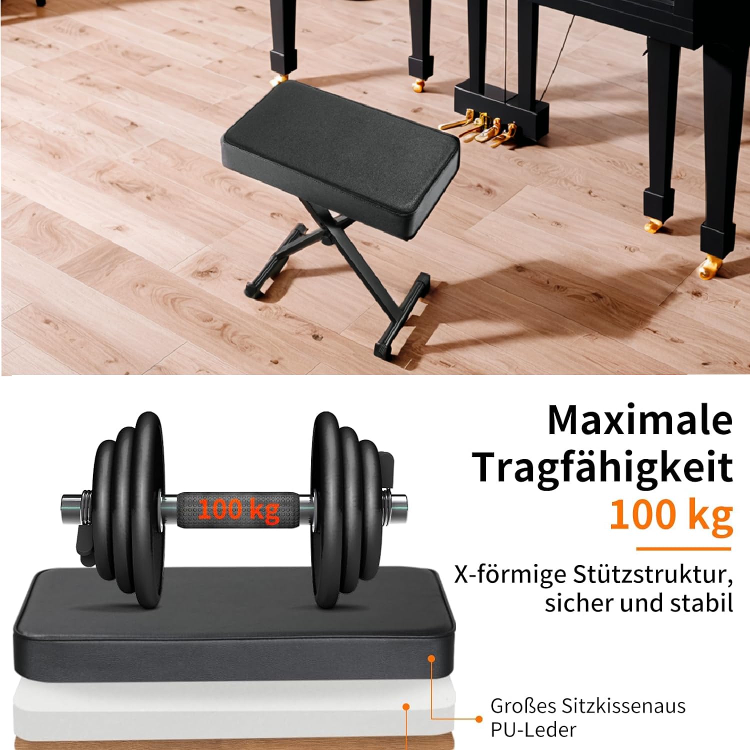 Clevich Verstellbarer Klavierhocker 50-52-54-56CM, X-förmiger Keyboard Hocker Klappbare, Verdicktem 8CM PU-Kissen, Klavierstuhl Hocker -für Piano Keyboard Tisch in Schwarz