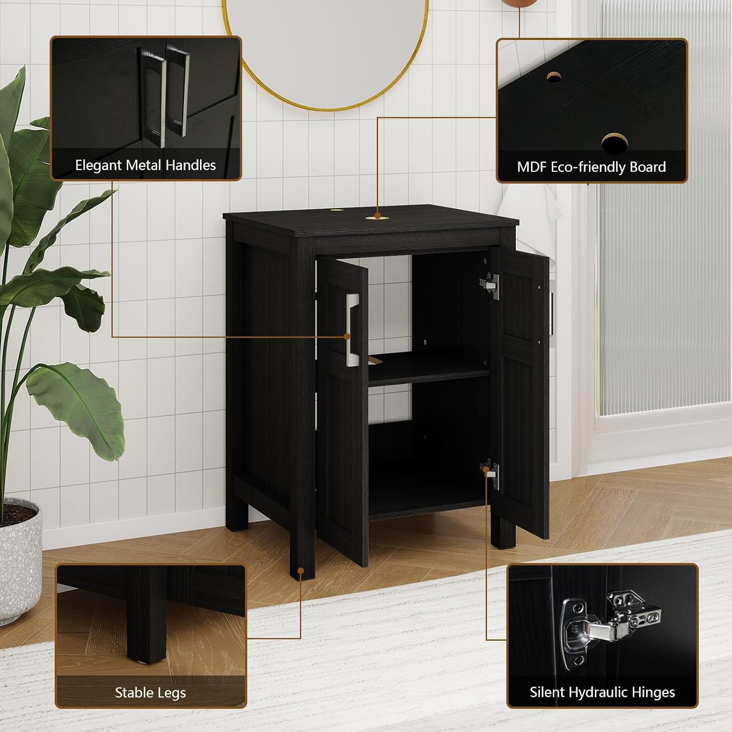 YOURLITE 24" Bathroom Vanity with Sink, Black Bathroom Vanity and Sink Combo with Faucet & Pop Up Drain Set,Traditional Vanity with Blue Glass Bowl Bathroom Sink