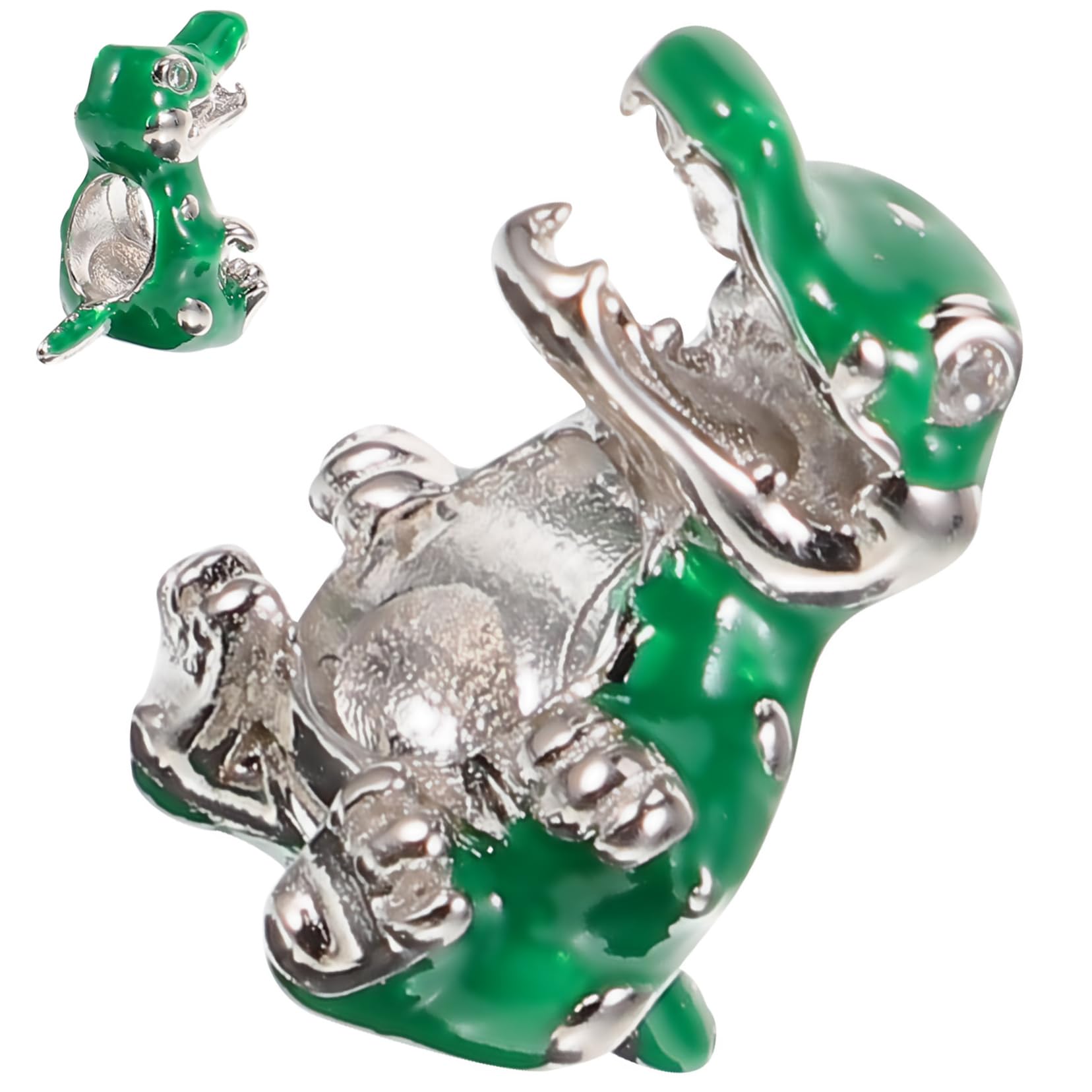 Perlina a Coccodrillo Verde in Argento per Bracciale | Gioiello Creativo per Fai da Te, Dettaglio Mini Animale, Finitura Bianca Placcata, Zaffiro Sintetico