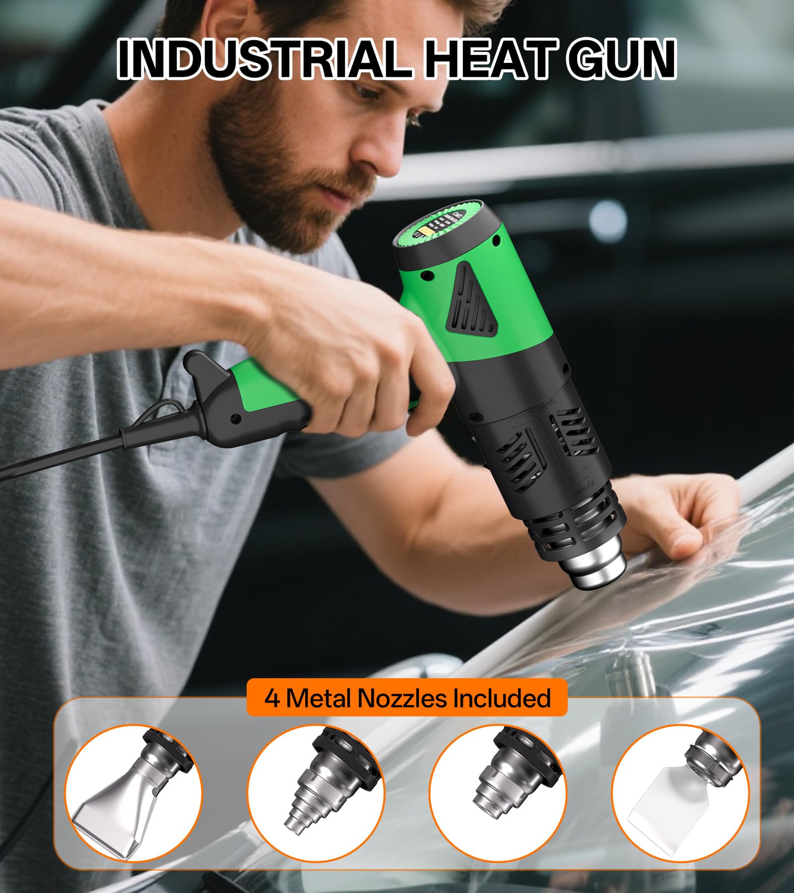 Pistola de calor industrial de 1800 W, calentamiento rápido, 168 °F a 1500 °F, control de temperatura variable, protección contra sobrecalentamiento, flujo de aire de 2 velocidades con 4