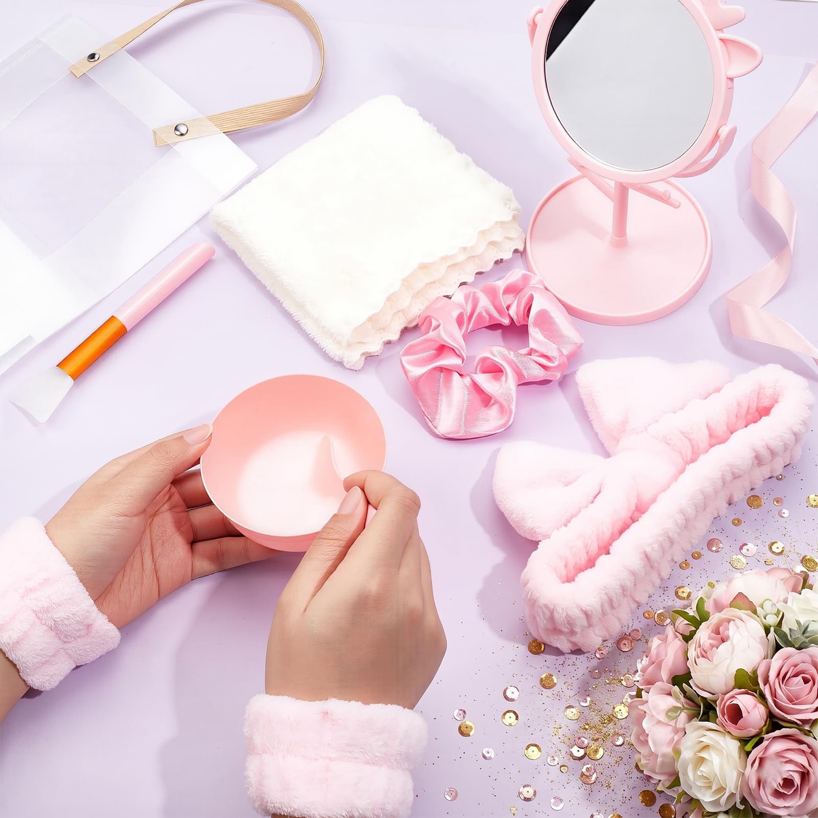 14 Sätze Spa Party Geschenke Großpackung Rosa Übernachtungsparty Zubehör mit Gesichts Packung Schüssel Set Haar Bänder Stirnbänder Reinigungstücher DIY Gesichtsset für Frauen Hochzeits Braut