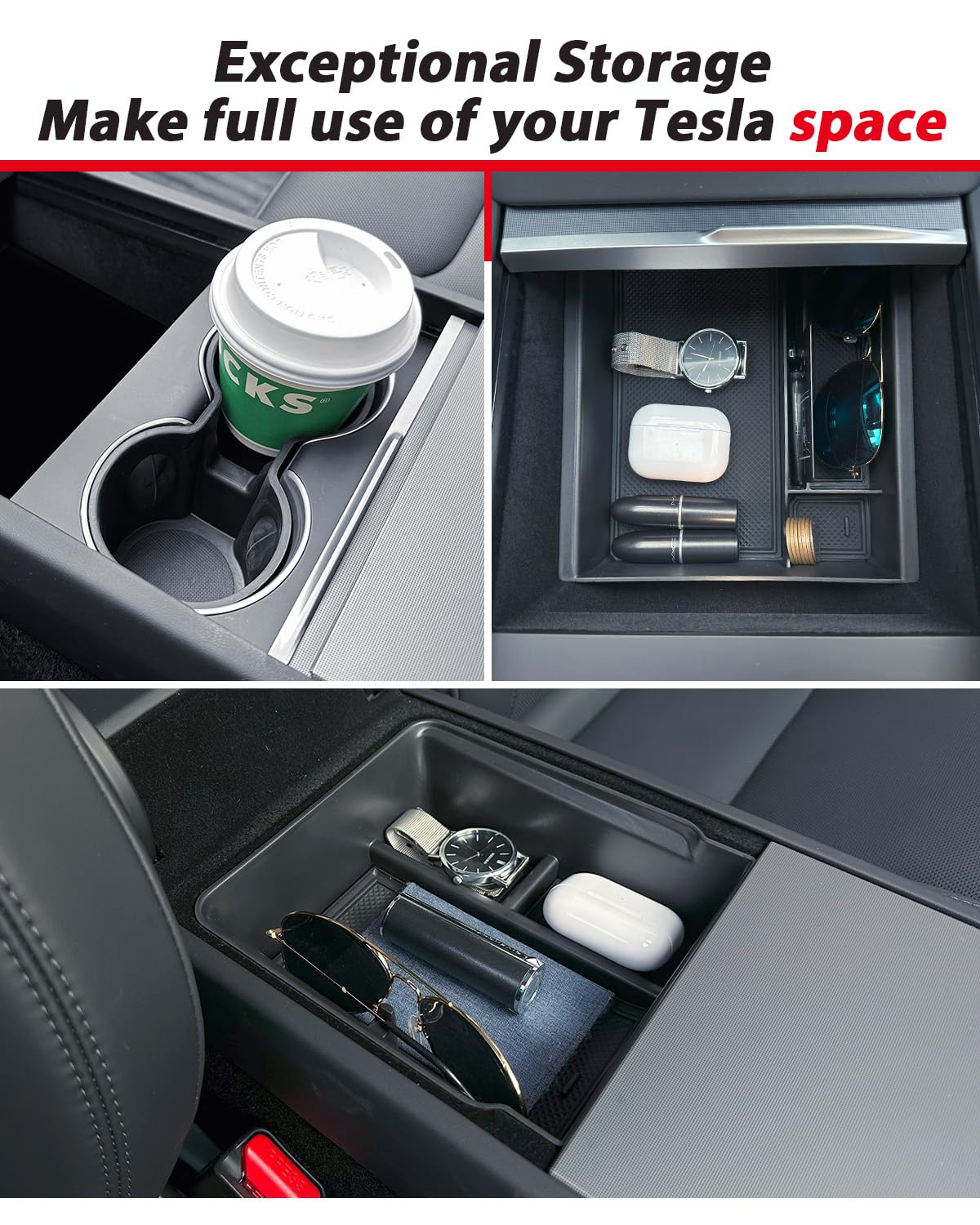 3 pcs Organiseurs pour tes-la Model 3/Y 2024-2026 Accessoires, avec boîte de rangement pour console centrale, coques en silicone, accoudoirs, boîte cachée et porte-gobelet