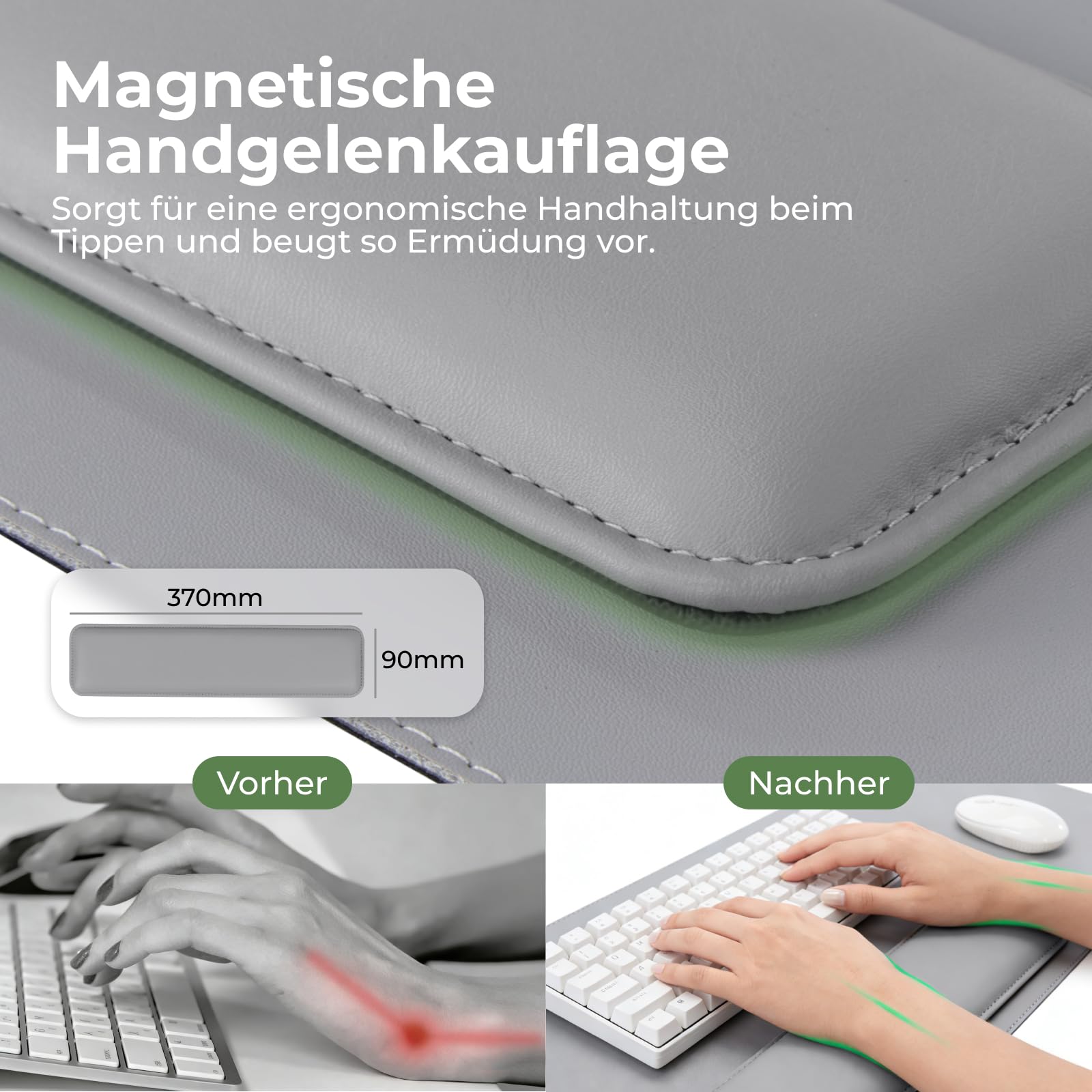 HOKO Sottomano da scrivania 80 x 30 cm con poggiapolso magnetico 37 x 9 cm, materiale PU Desk Mat, antiscivolo, idrorepellente, sottomano e tappetino per mouse per ufficio, home office e scuola