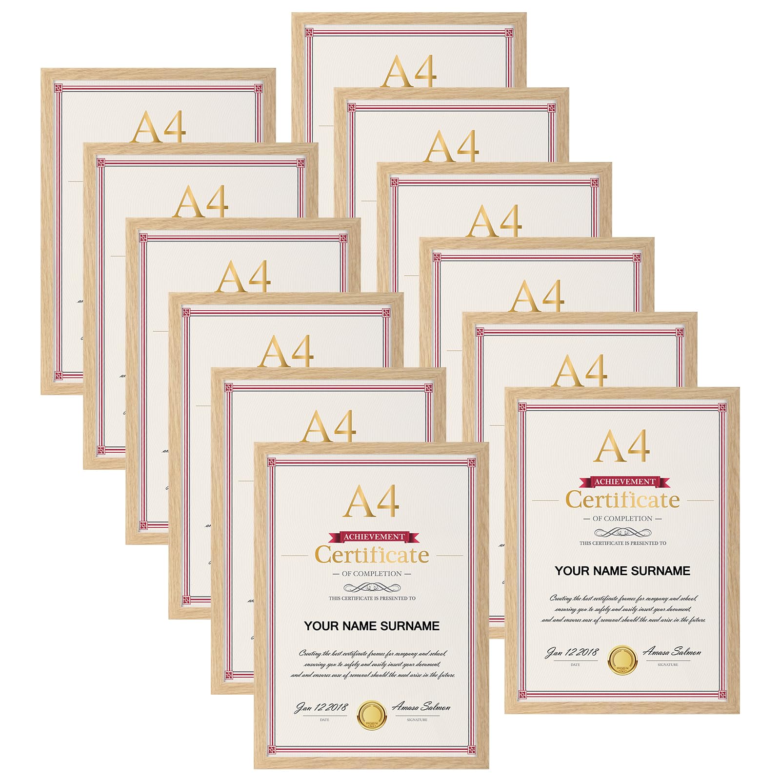 Giftgarden 12 Pack A4 Photo Frames, Oak Colour A4 Picture Frame Certificate Frames for Wall Hanging and Tabletop Display