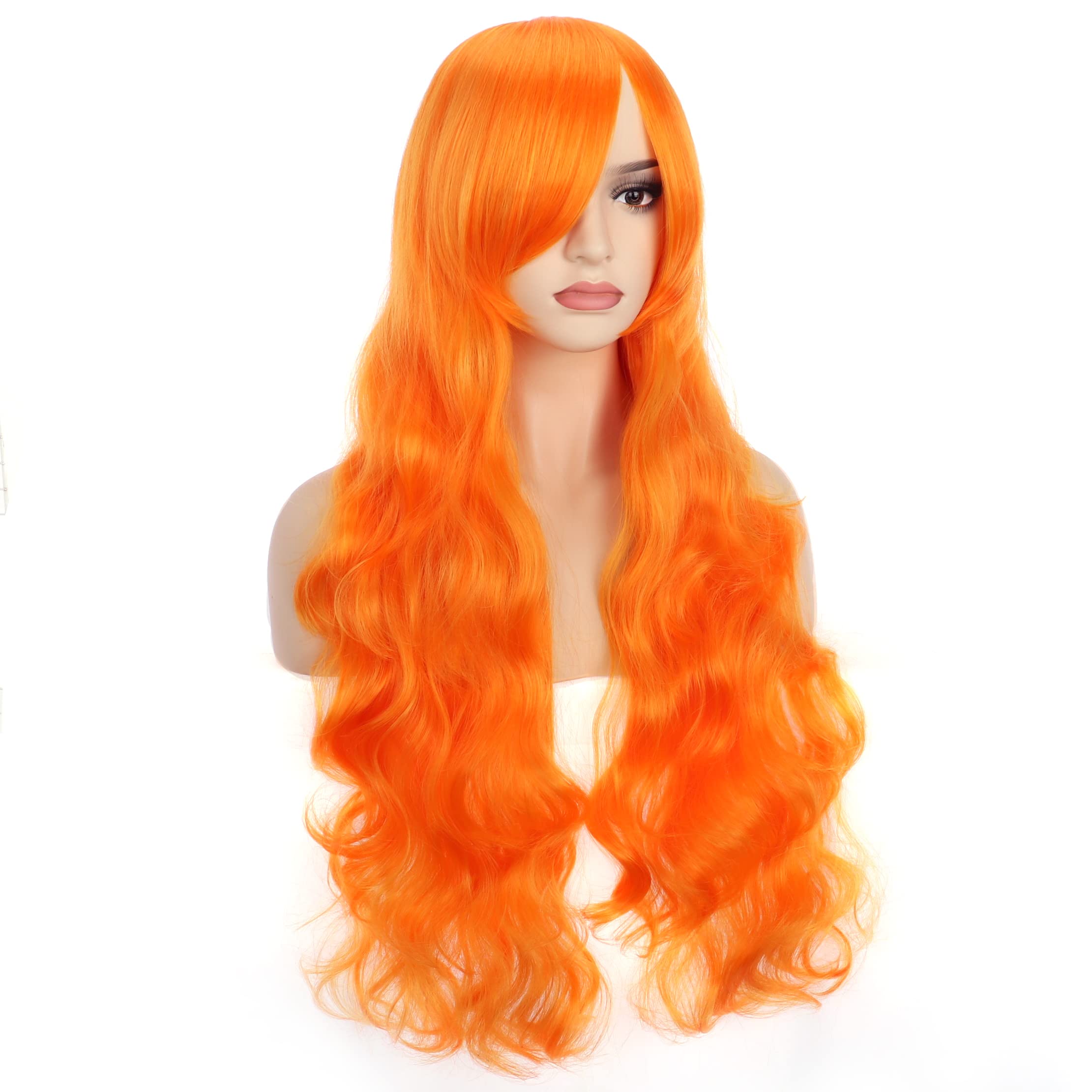 YEESHEDO 32" 80 cm Orange Long Wavy Curly Hair Cosplay Wigs with Bangs for Women Girls Heat Resistant Synthetic Wig for Party Costume Anime Halloween (Bright Orange) - Image 2