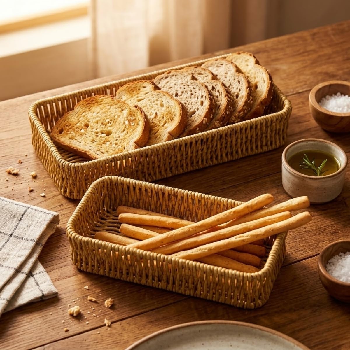 DEİNHAUS Hasır Örgü Dikdörtgen Sepet Tepsisi, 2'li Set, Doğal Renk, Ekmek ve Organizer Kullanımı, 28x10 cm ve 24x9 cm