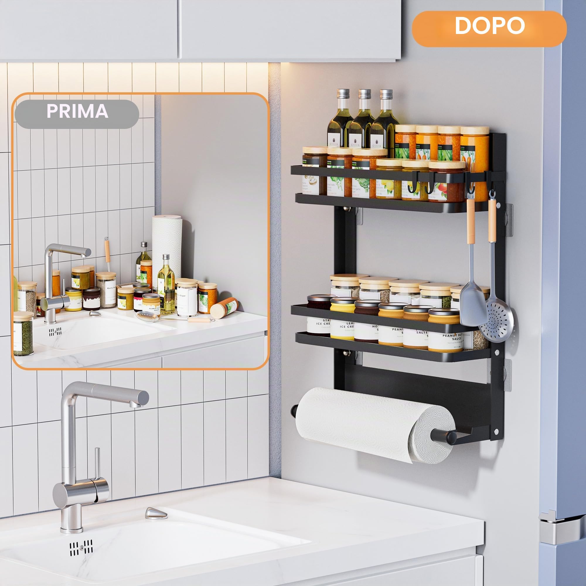 Porta Spezie per Cucina con Porta Rotolo da Cucina e 4 Ganci –Portaspezie da Parete Senza Forature per Organizzare e Risparmiare Spazio in Cucina