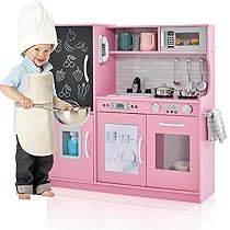RELAX4LIFE Cucina Giocattolo per Bambini, Gioco Cucina in Legno con Frigo con Lavagna, Microonde, Forno, Macchina per il Ghiaccio, Mini Cucina per Bambini 3-6 Anni (82 x 24 x 80 cm, Rosa)