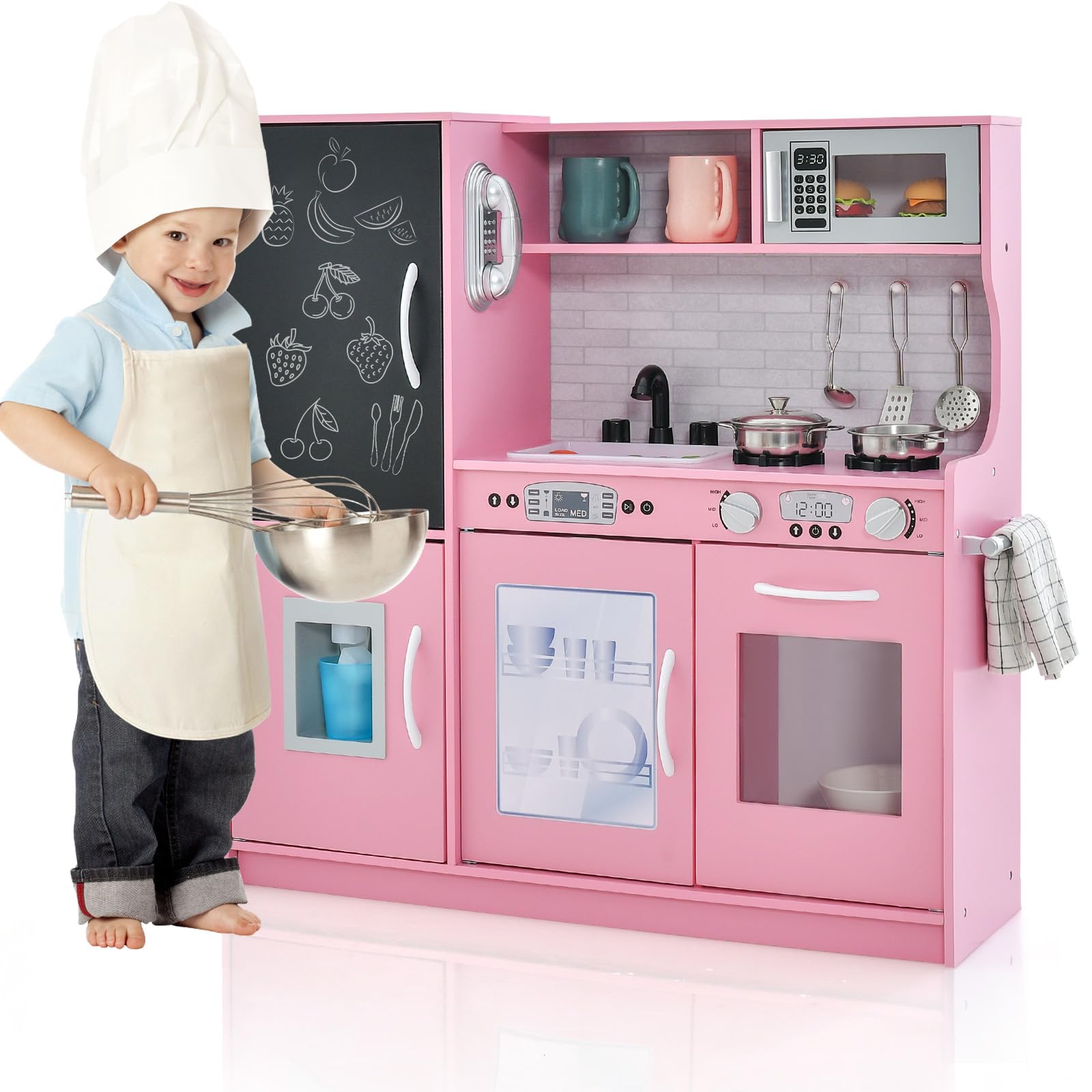 HOMASIS Spielküche mit 10 Zubehör, Kinderküche Holz, Spielzeugküche mit Tafel Spüle Herd Ofen Mikrowelle Eismaschine Telefon, Holzküche Kinderspielküche für Kinder ab 3 Jahre (Rosa)