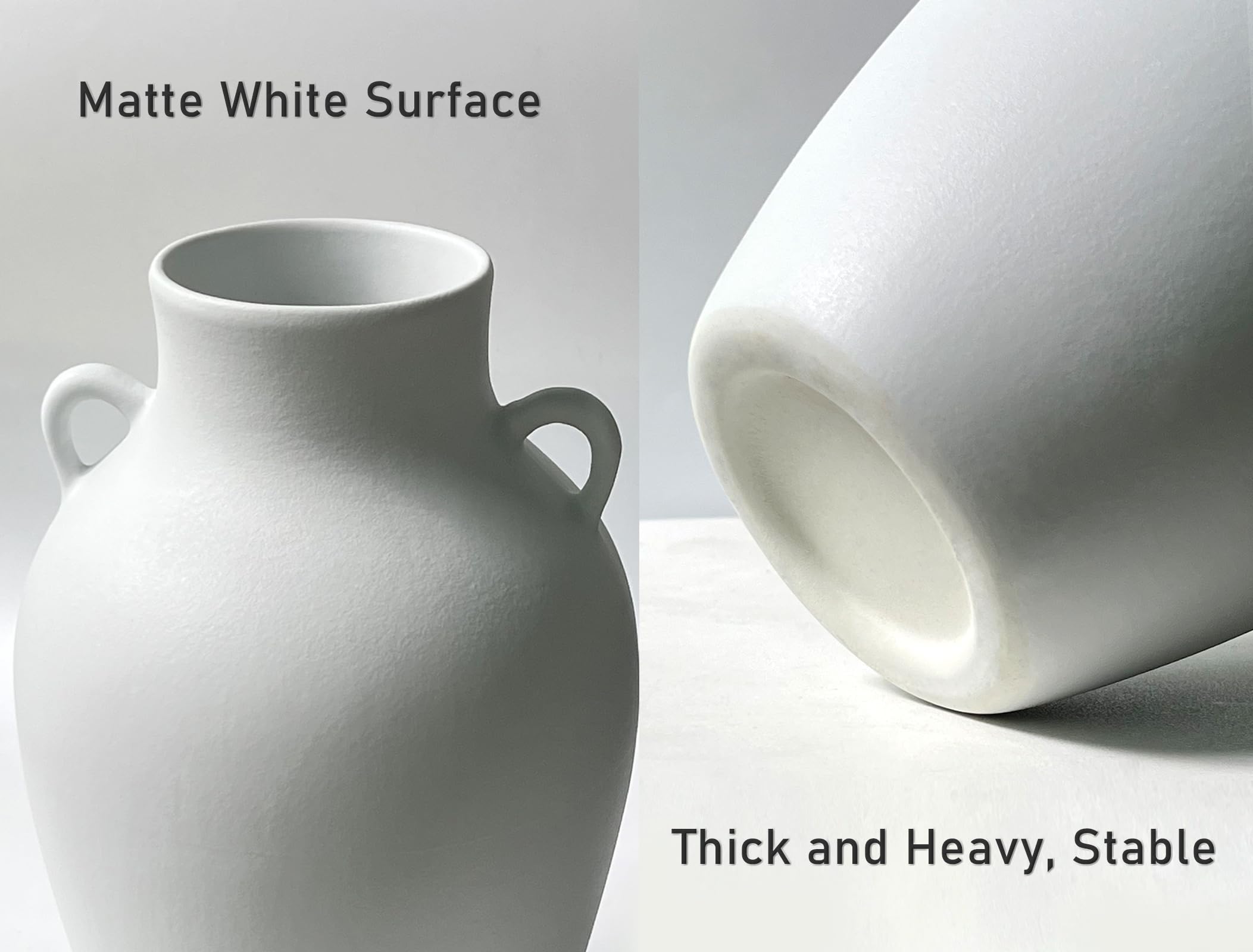 Jarrón de cerámica blanca con asas de orejas de 10 pulgadas para centro de mesa, jarra hecha a mano de porcelana para flores, jarra impermeable para ramas frescas de tallo largo, plantas 2