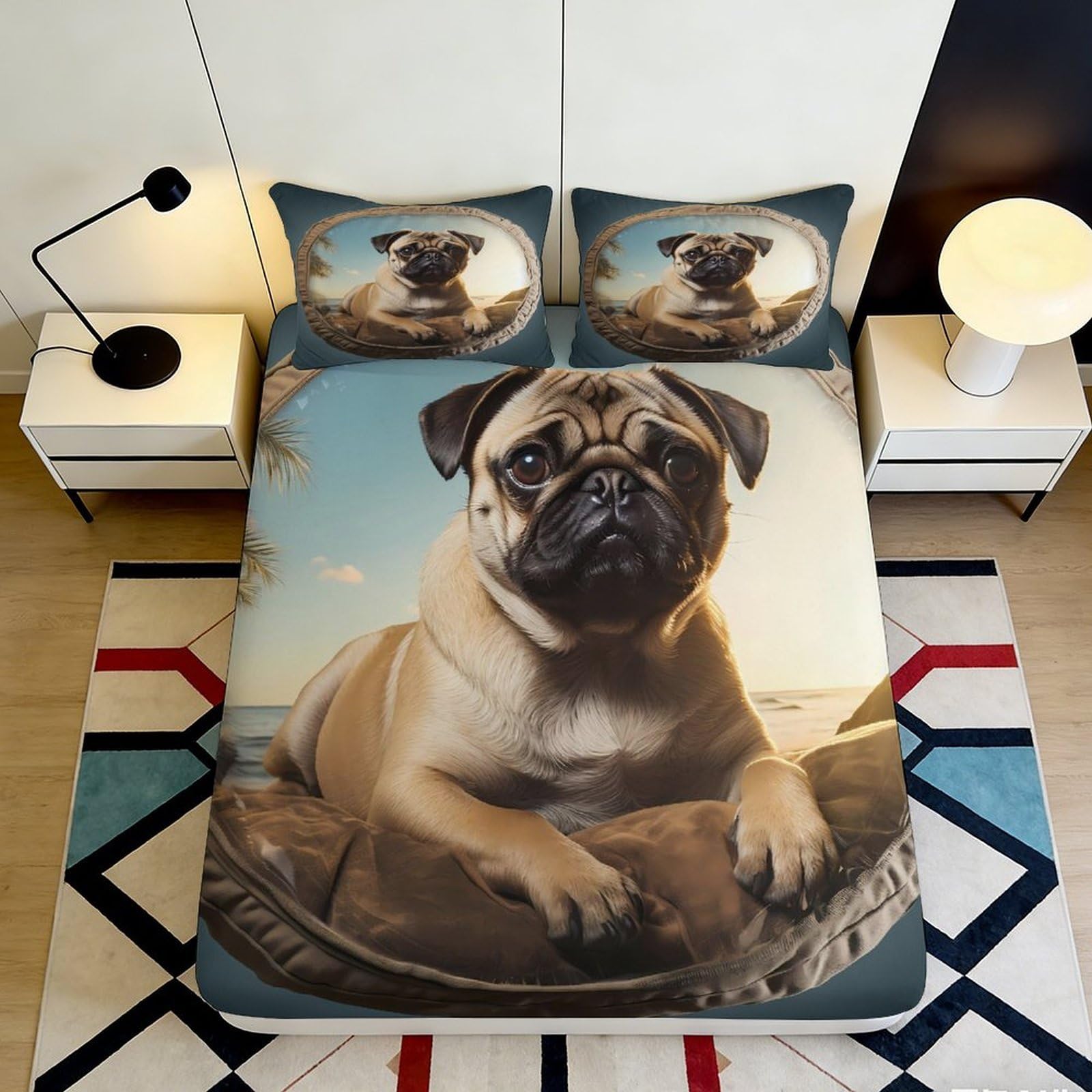 3D Printed Pug Dog Beach Fitted Sheet Microfiber Soft Breathable Cartoon Puppy Mattress Cover for Bedroom Decor 90x200x25cm