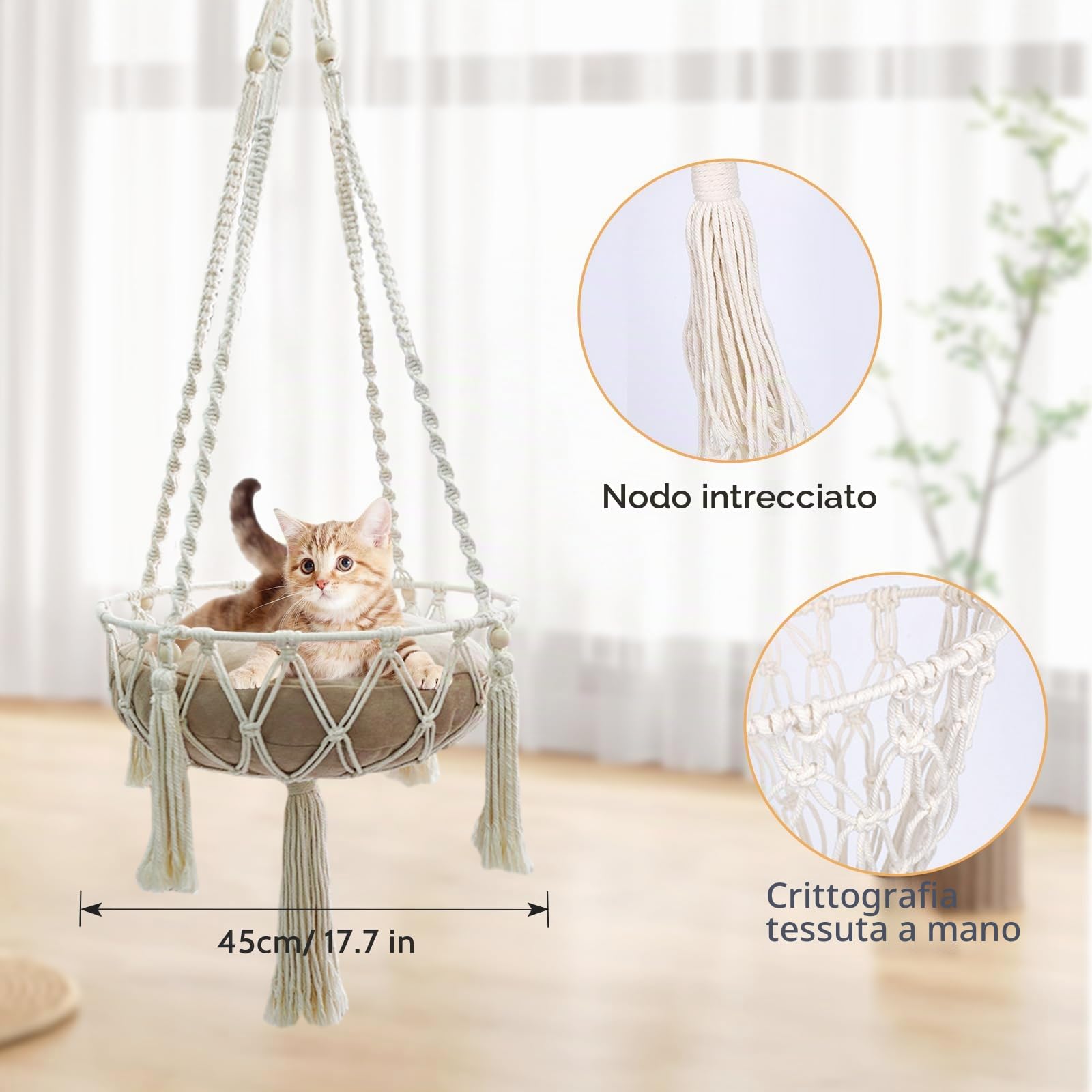 Amaca per gatti in macramè, lettino per gatti oscillante, lavorato a mano
