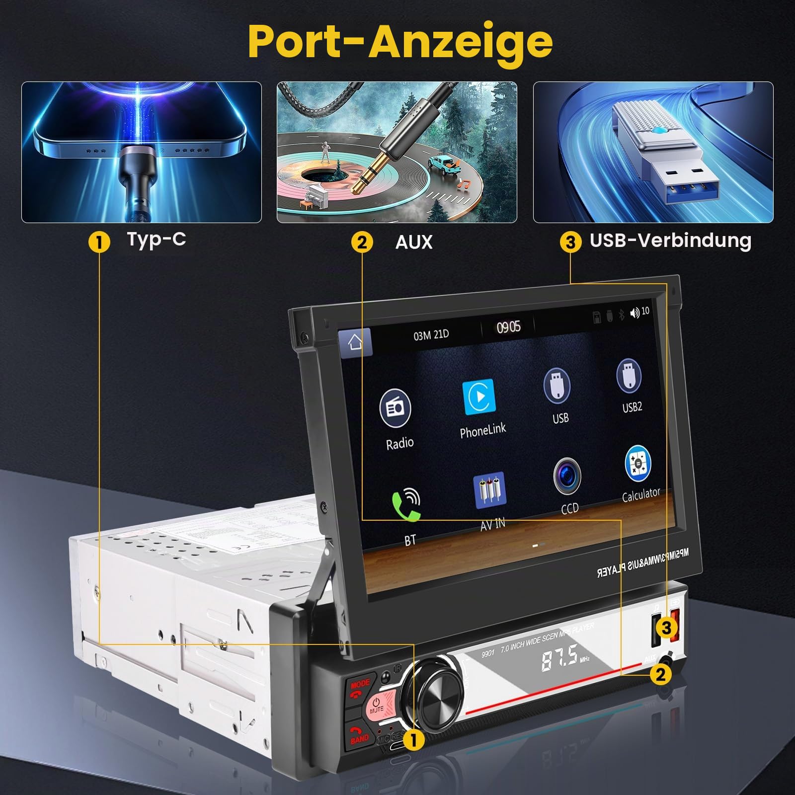 Hikity 1 Din Autoradio Wireless Carplay Andriod Auto 7 Zoll Manuelle Ausfahrbarem Bildchirm Auto Radio Touch Display Bluetooth Android Auto Mirror Link FM Radio USB SWC AUX Type-C Mic Rückfahrkamera