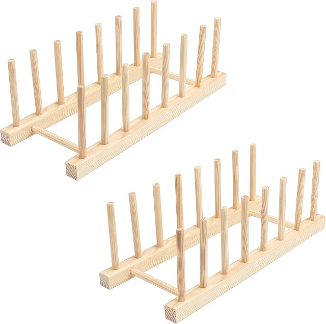 Coolty 2 Pack Bamboo Rack Kitchen Wood Bamboo Holder Dish Storage Tray Rack Drainer Plate Stand - Suitable for Storage CD Tableware Book Wine Glass