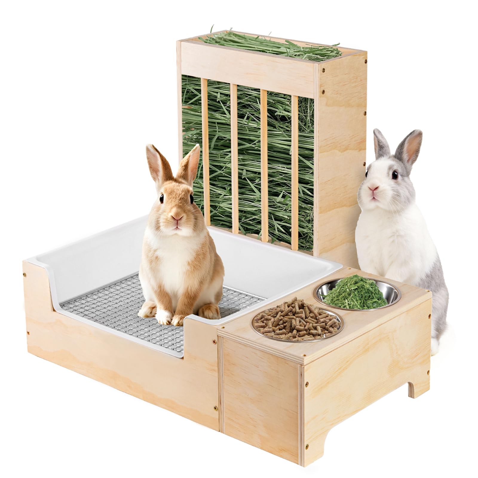 Essenhome Extra-Large 3 in 1 Rabbit Litter Box with Hay Feeder and Bowls Set, Wood, Mess Proof, for Guinea Pigs, Chinchillas, Hamsters, and Rabbits