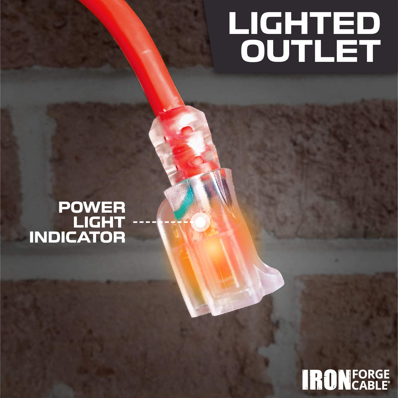 Iron Forge Cable 3 m beleuchtetes Verlängerungskabel für den Außenbereich, 12/3 SJTW, rot, 3 m Verlängerungskabel, strapazierfähig, mit 3 Zinken, 15 A, geerdeter Stecker für Sicherheit