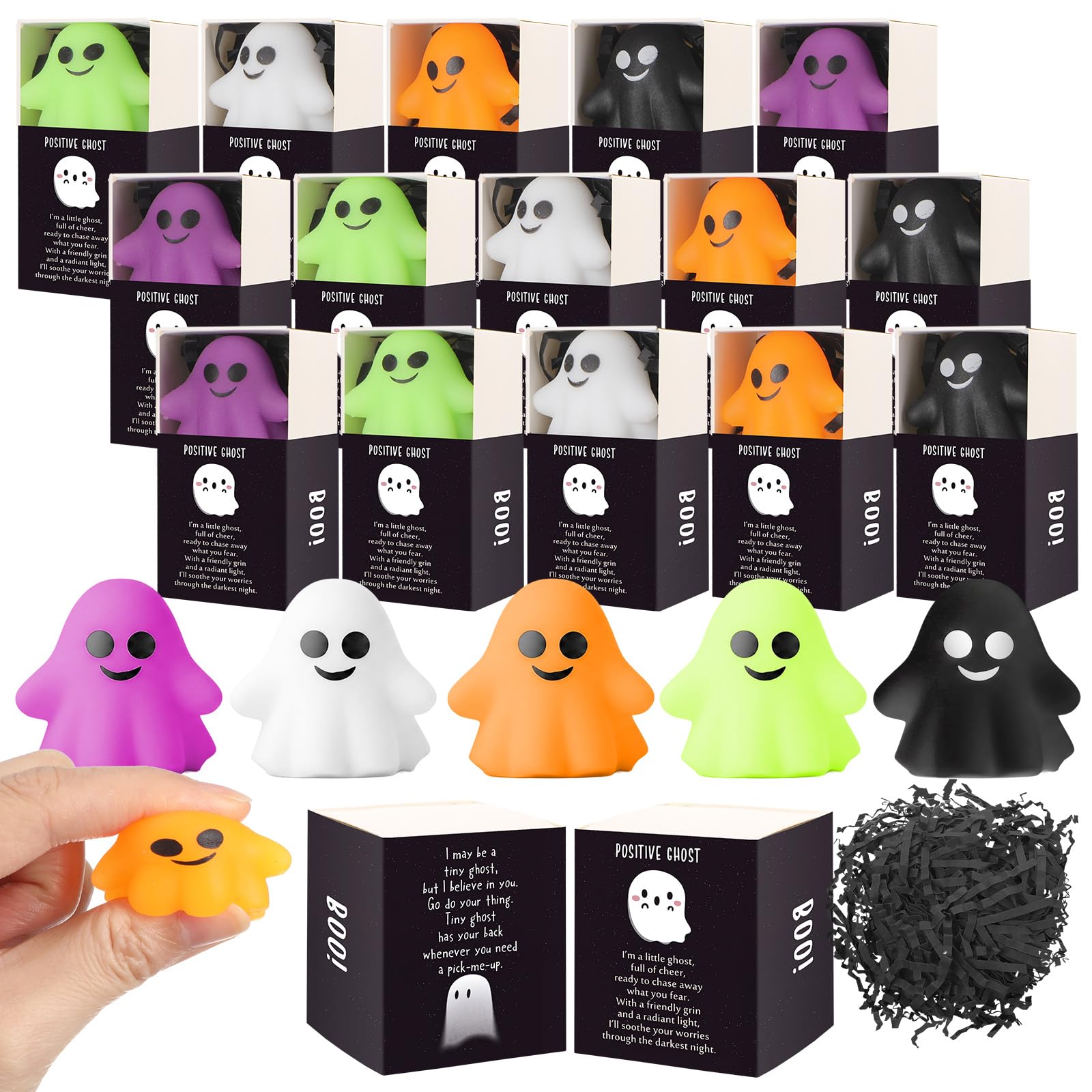 Set di 70 palline antistress per Halloween, fantasma, con scatole, 5 colori