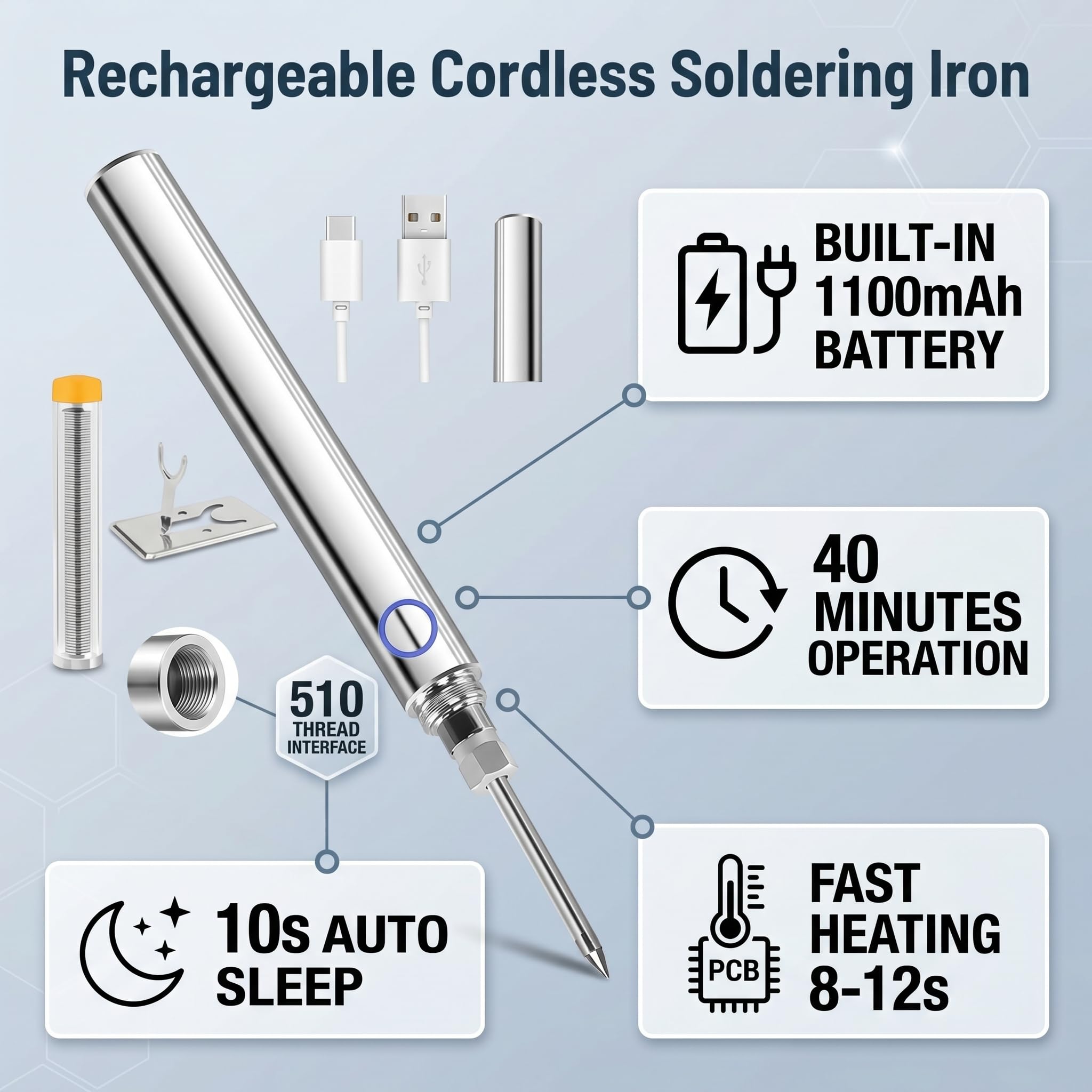 Fer à Souder Sans Fil électrique,15w Kit de Fer A Souder Usb Rechargeable Soldering Iron Avec Température Réglable de 200℃-450℃,Chargement Possible Pendant l'utilisation, Interface 510