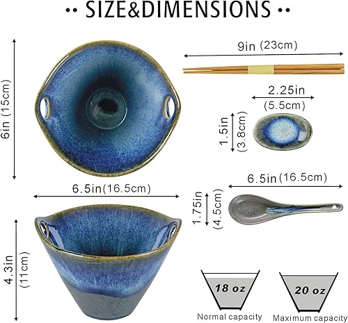 Miniatura 2 de UNICASA - Juego de cuencos de ramen japonés con palillos, cucharas y reposos, 20 onzas de porcelana profunda de fideos juego de 2 para Udon, Pho,