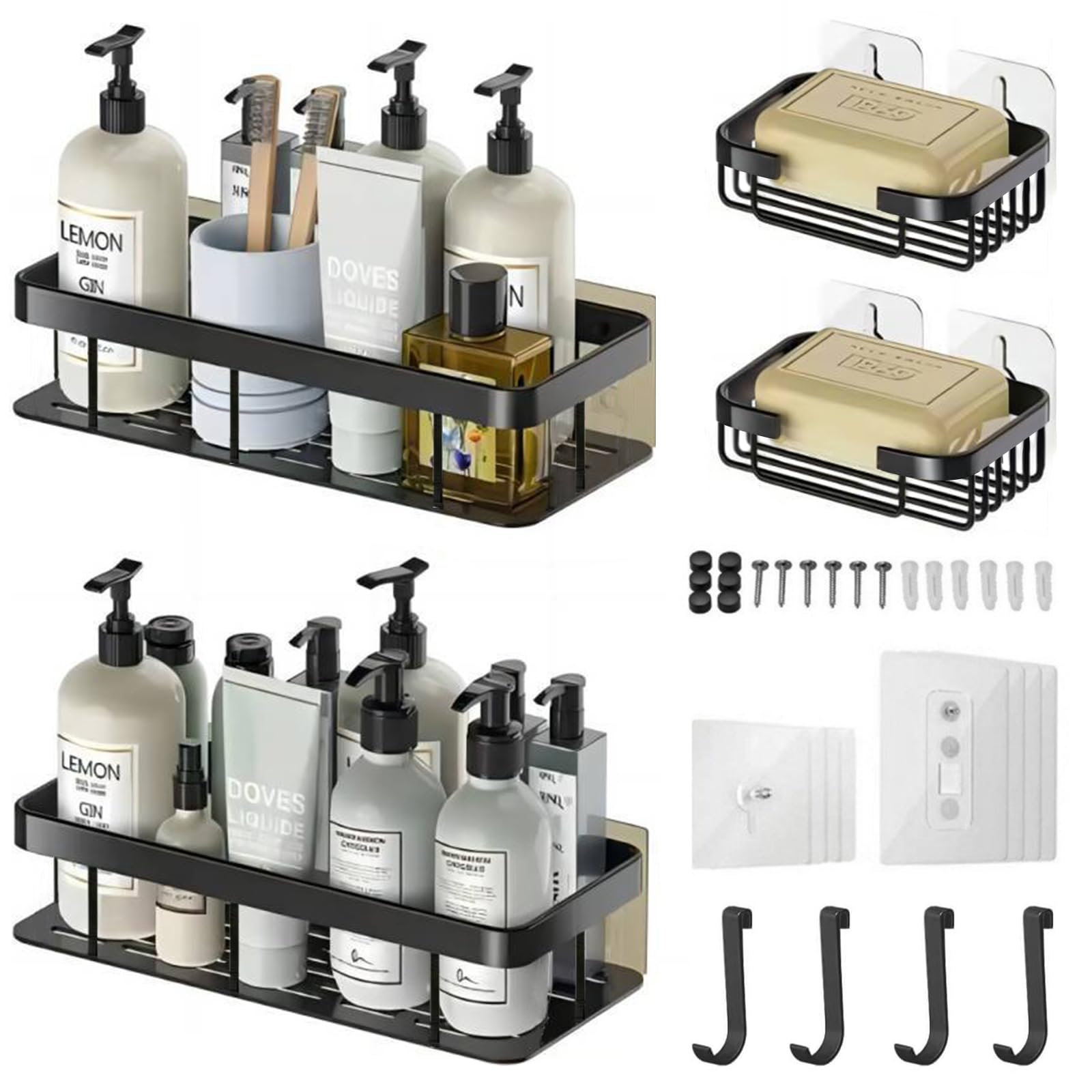 NUOLAN 4 Pack Shower Caddy Shelves Organizer with 4 Hooks, Self Adhesive Rack Storage Shelf for Inside Shower, Stainless Steel Bathroom Shower Wall Organization, Black(SC-BK4-AE)