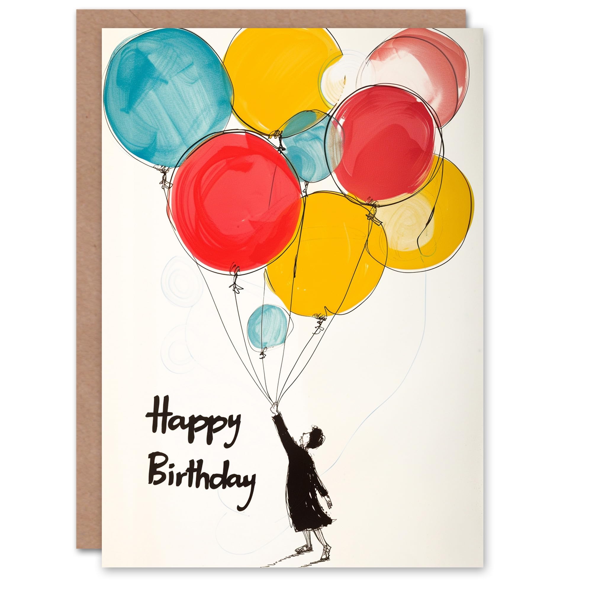 Artery8 Birthday Card Woman Holding Large Balloon Bundle Drawing For Him Her Man Woman Greeting Card