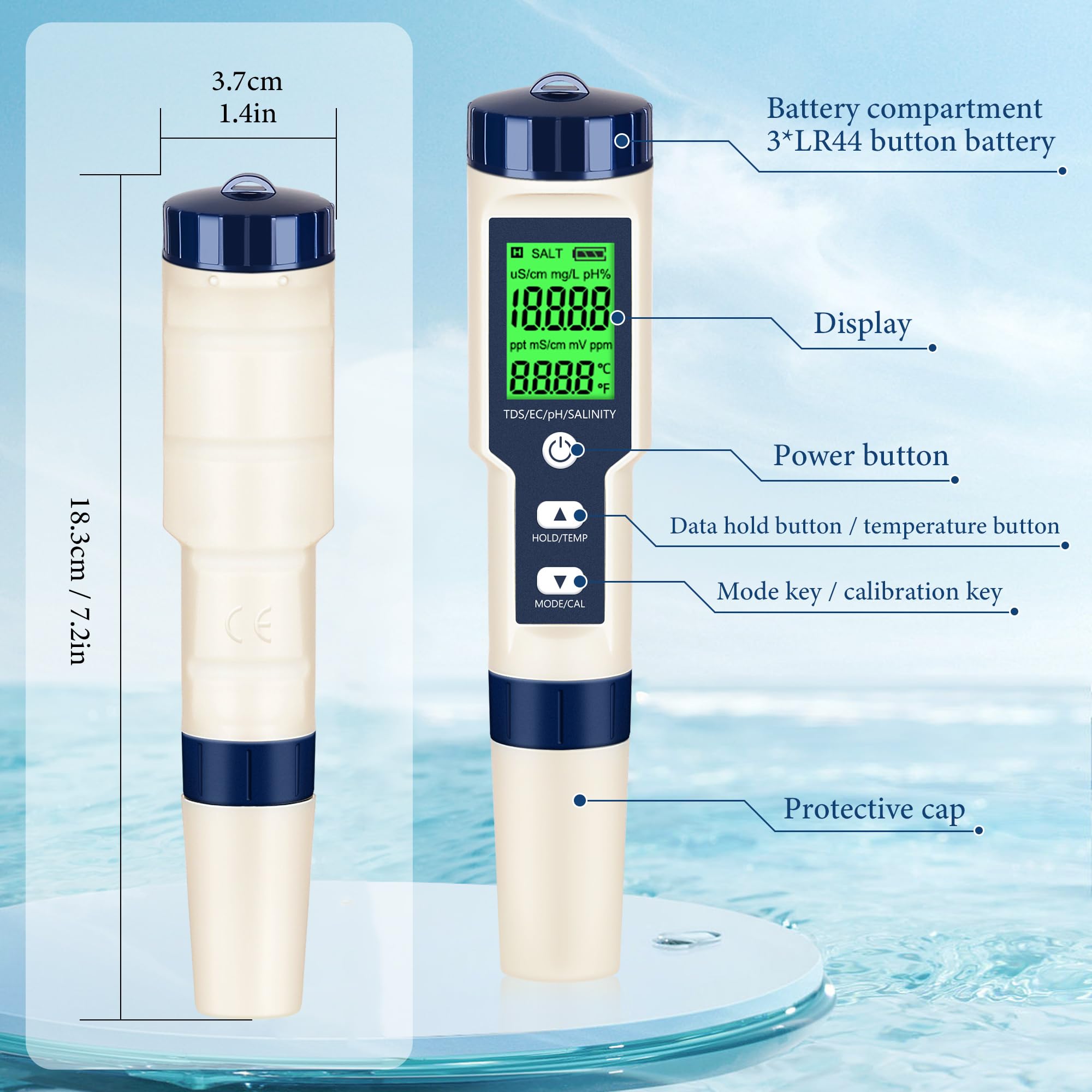 Medidor de pH y medidor de pH digital, probador de agua 5 en 1, probador de salinidad de pH de temperatura EC y TDS, medidor de pH para agua con retroiluminación LCD, kits de prueba de agua para agua