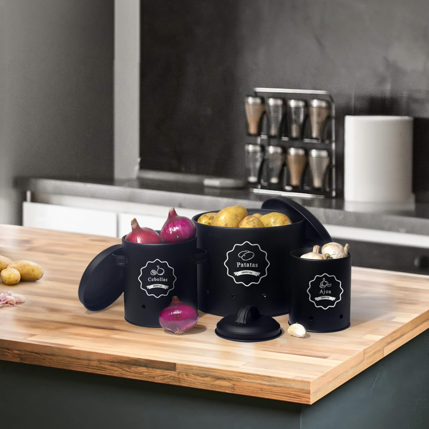 Contenitore Per Patate E Cipolle In Metallo - Nero, Con Fori Di Ventilazione, Include Pelapatate - Foto 10