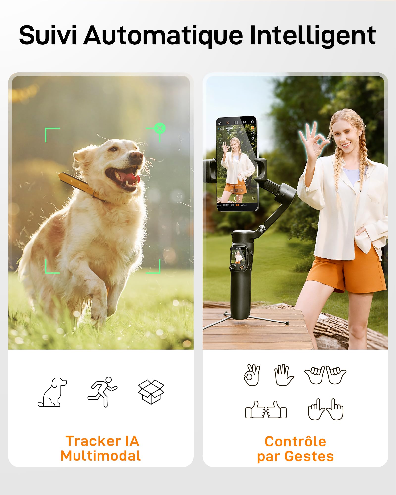 hohem Stabilisateur pour Smartphone iSteady V3 Ultra, Gimbal avec Suivi à 360°, Suivi IA Multimodal, Écran Tactile de 1,22 Pouce, Stabilisateur iSteady 9.0 pour Vlogs TikTok Youtube