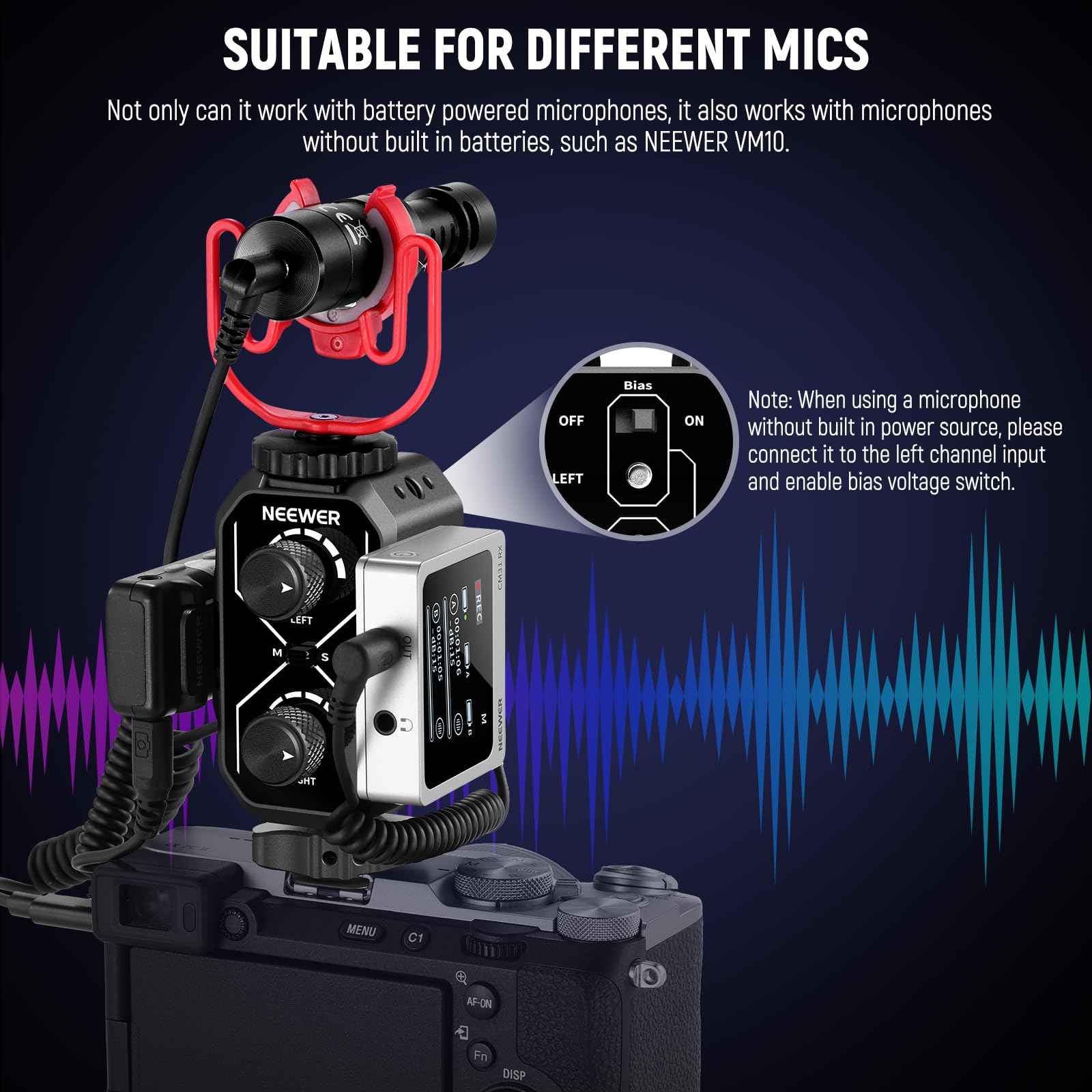 Neewer MM02 Dwukanałowy mikrofon adapter miksera audio z kablem TRS 3,5 mm, przełącznikiem stereo/mono, uchwyty na zimną stopkę do aparatu DSLR, smartfonów, bezprzewodowego odbiornika mikrofonu,
